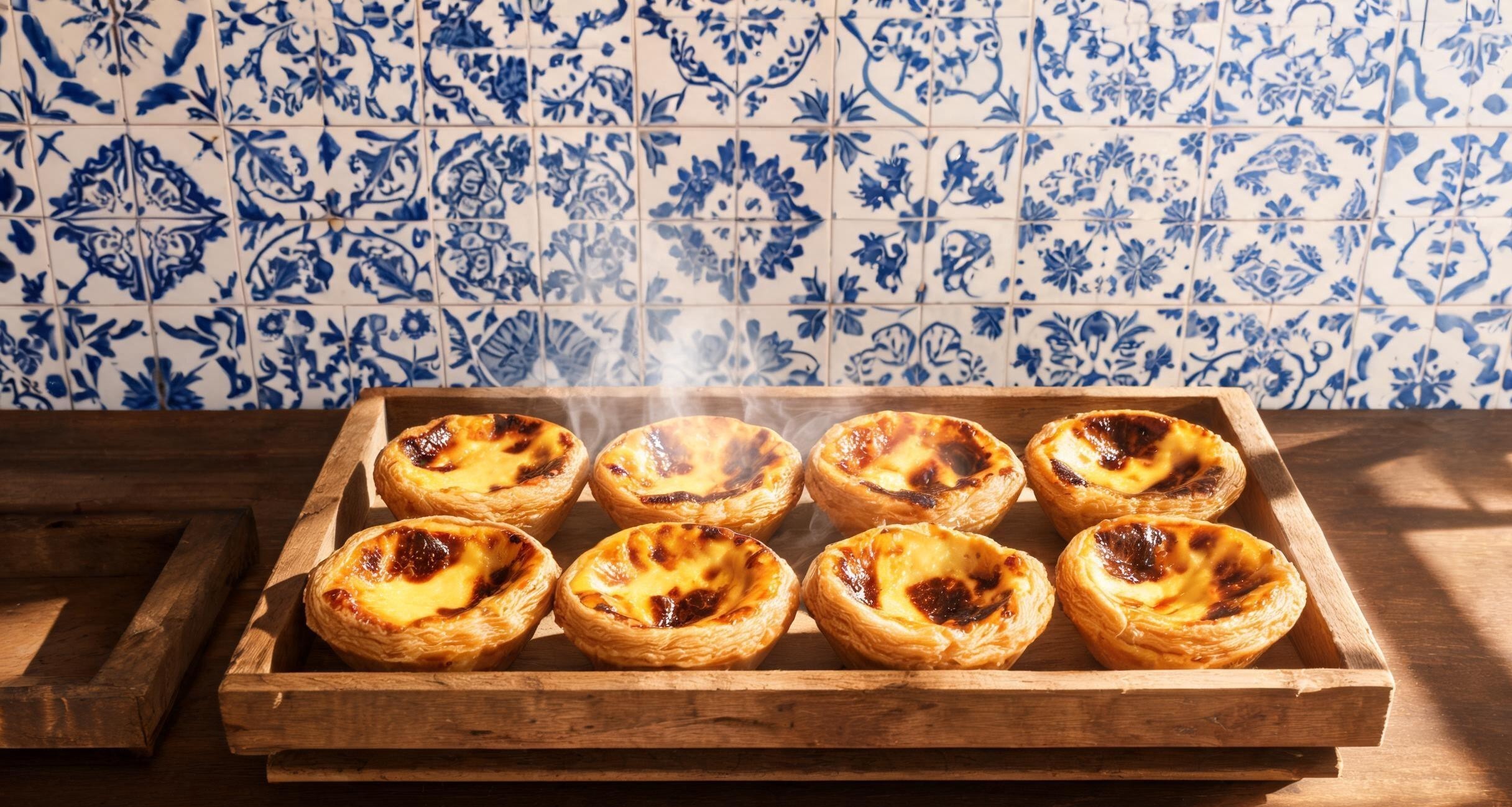 Rows of freshly baked pastel de nata cooling on racks at a Lisbon bakery