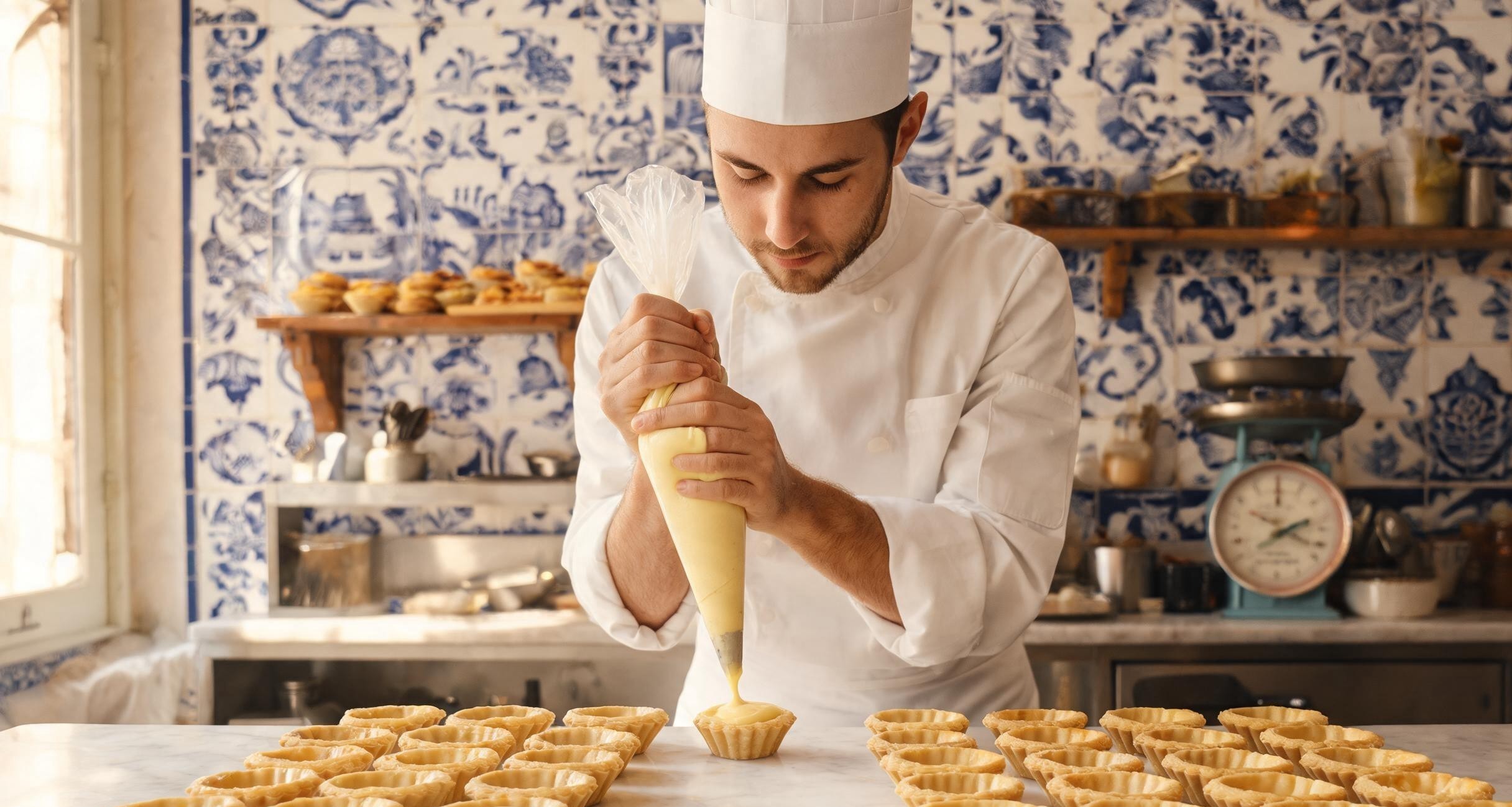 A pastel de nata with cinnamon and powdered sugar sprinkled on top