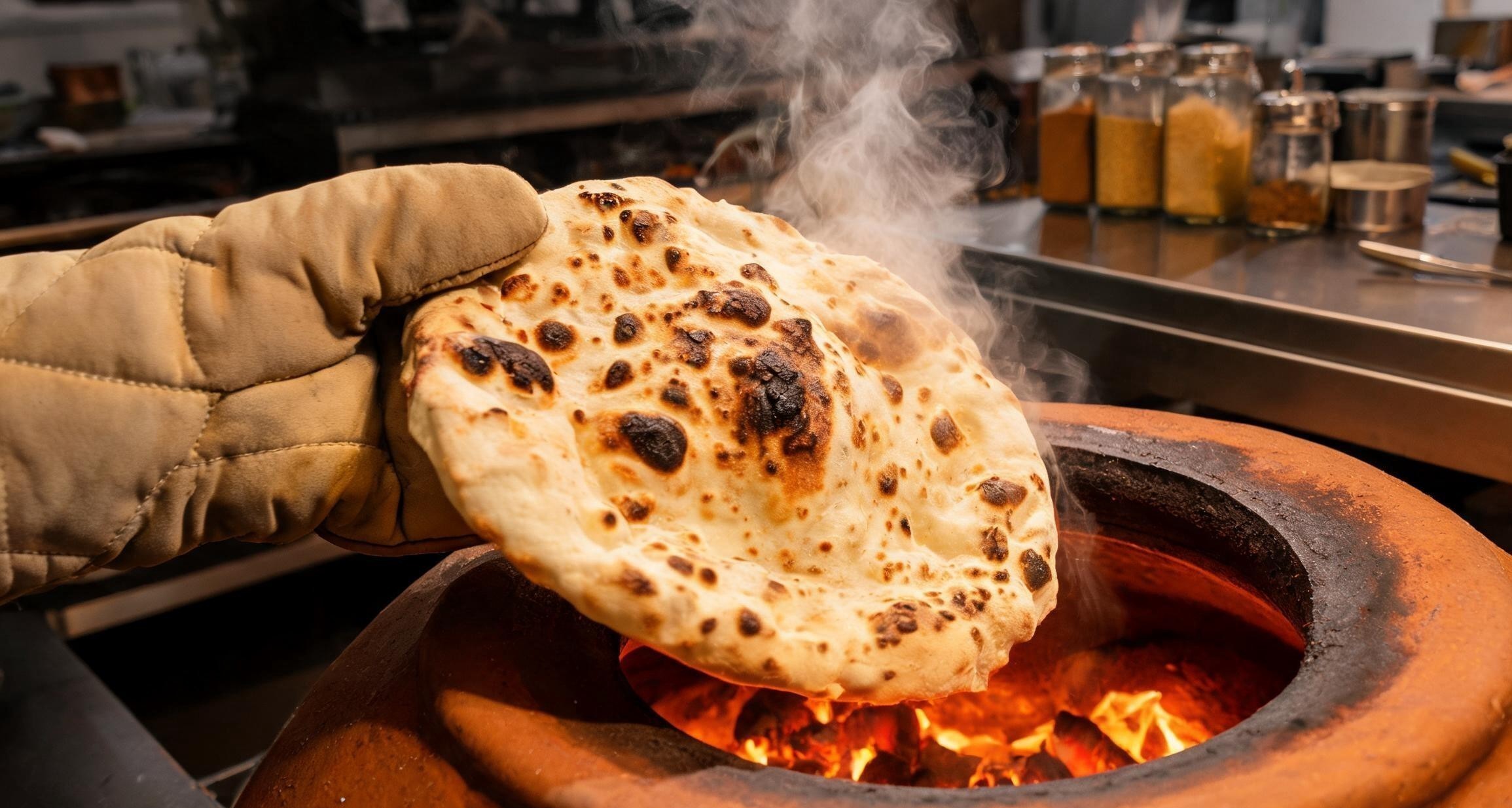 Naan bread fresh from a tandoor oven