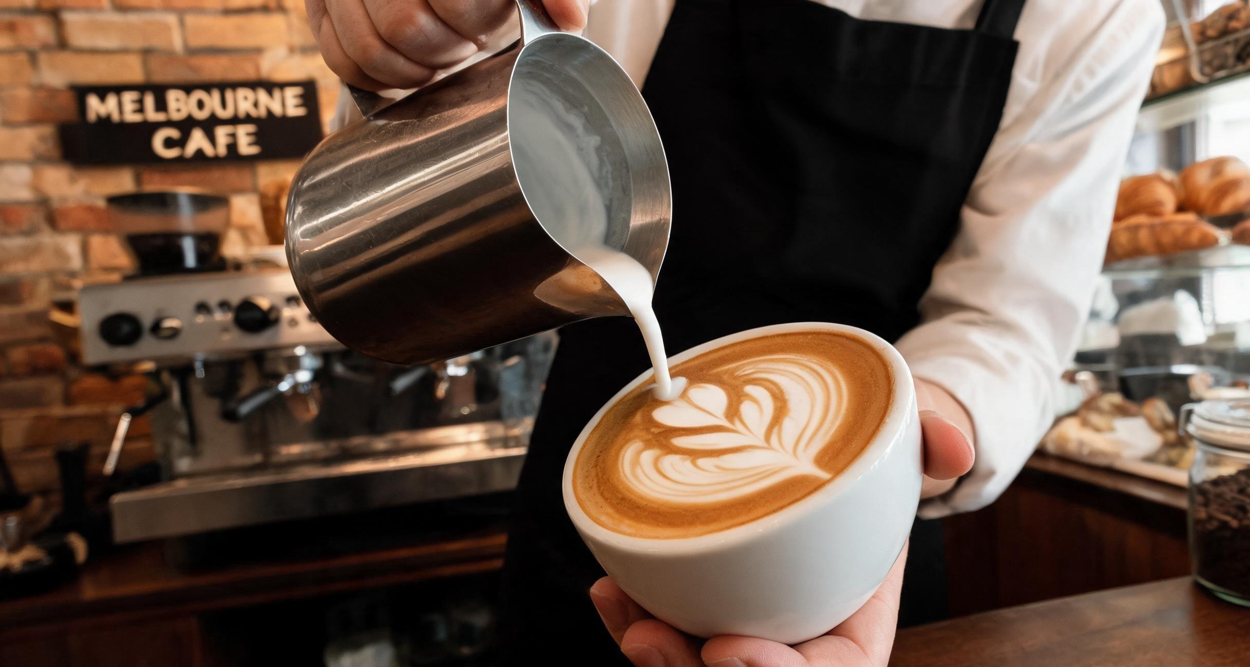 A barista pulling an espresso shot at a narrow Melbourne cafe counter