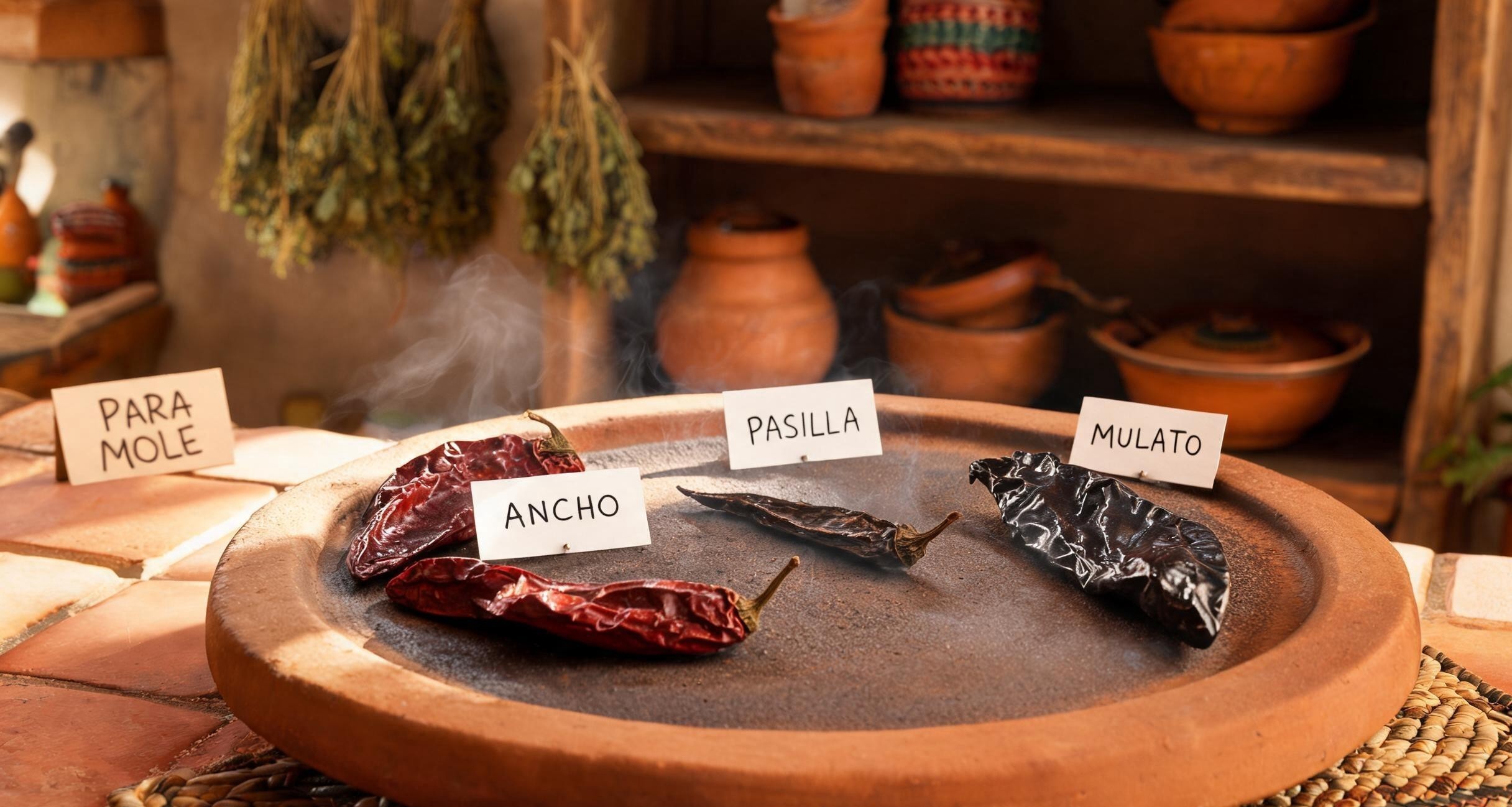 Dried chiles toasting on a clay comal in an Oaxacan kitchen