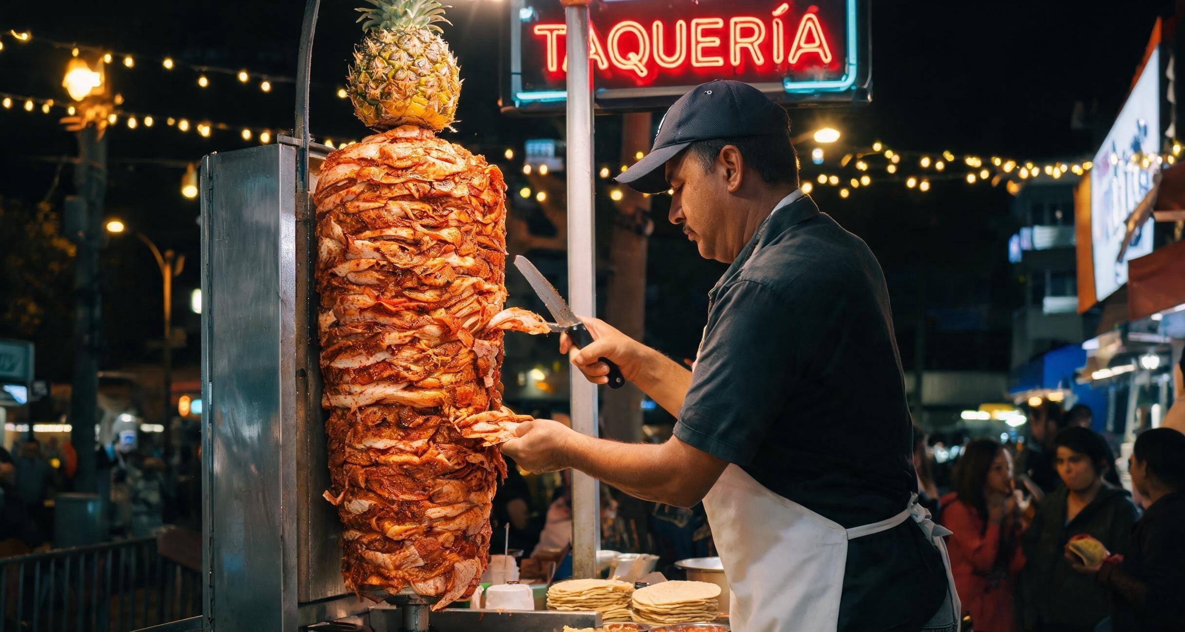 Tacos de suadero being prepared on a flat griddle at a Mexico City taco stand