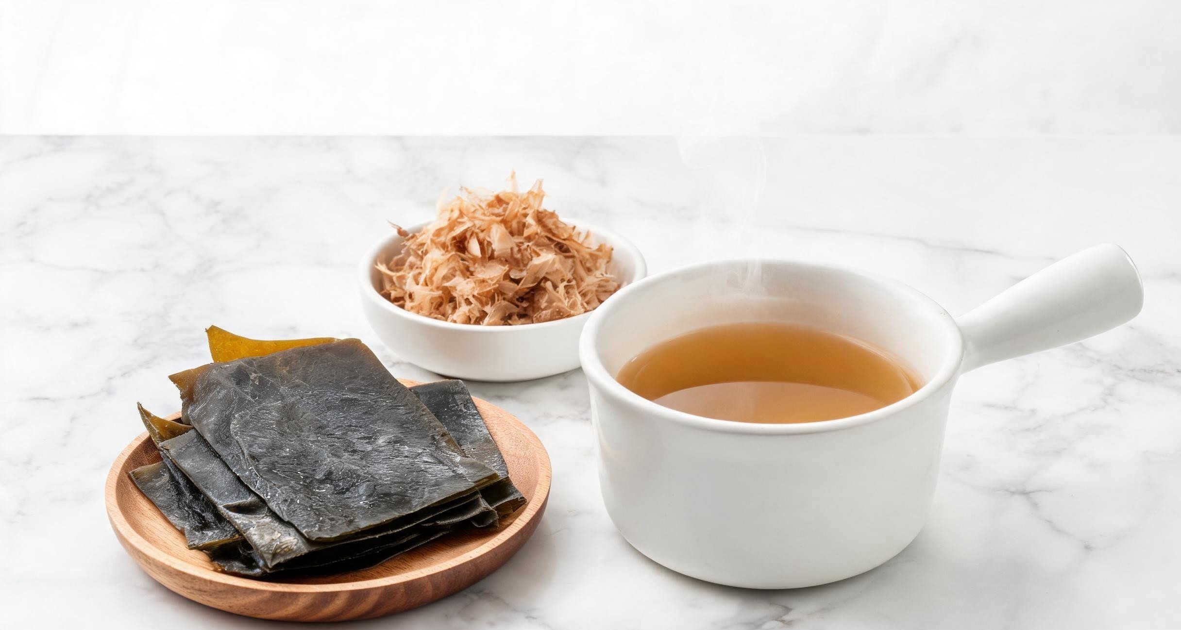 Whisking miso paste into hot dashi stock with a ladle