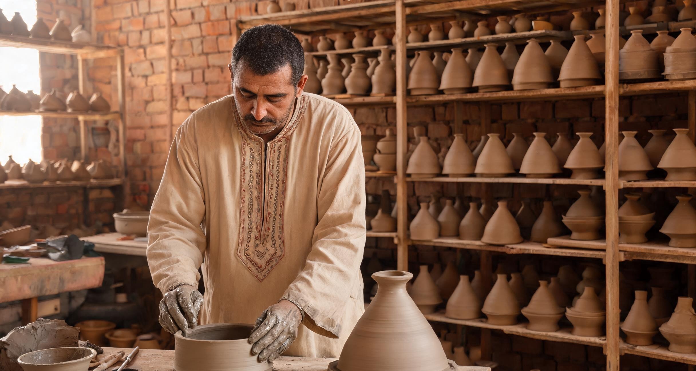 A traditional clay tagine pot with conical lid on a charcoal brazier