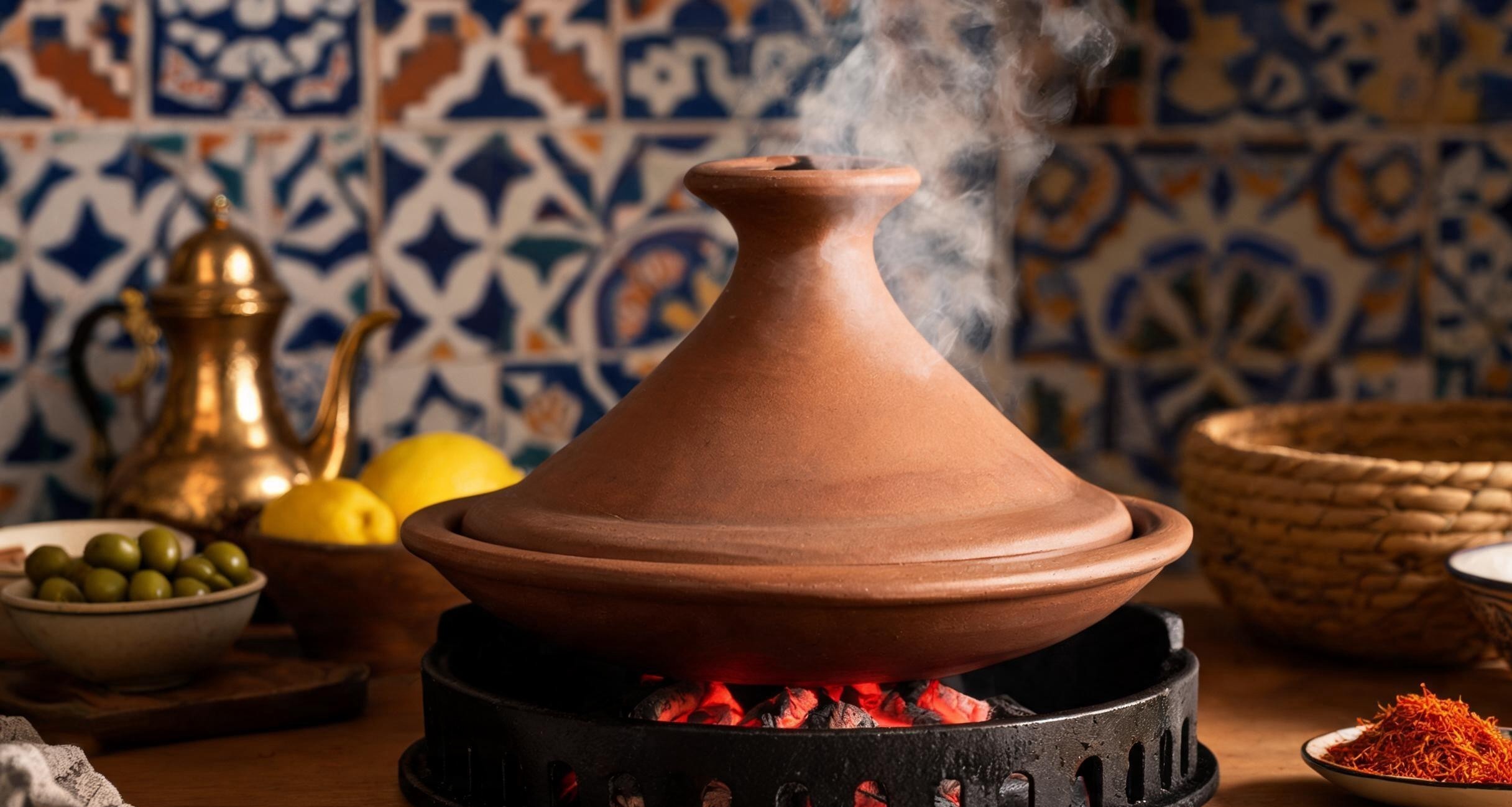 A finished lamb tagine with preserved lemons and olives served in the clay base