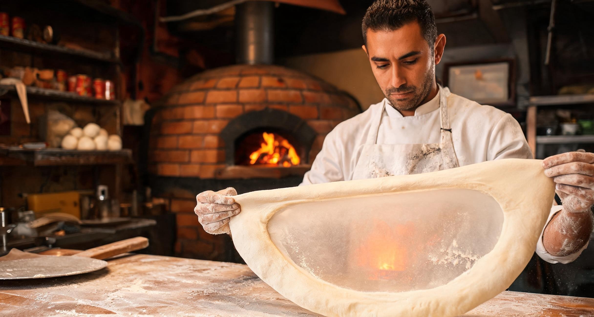 A pizzaiolo stretching dough by hand at a wood-fired pizza oven in Naples