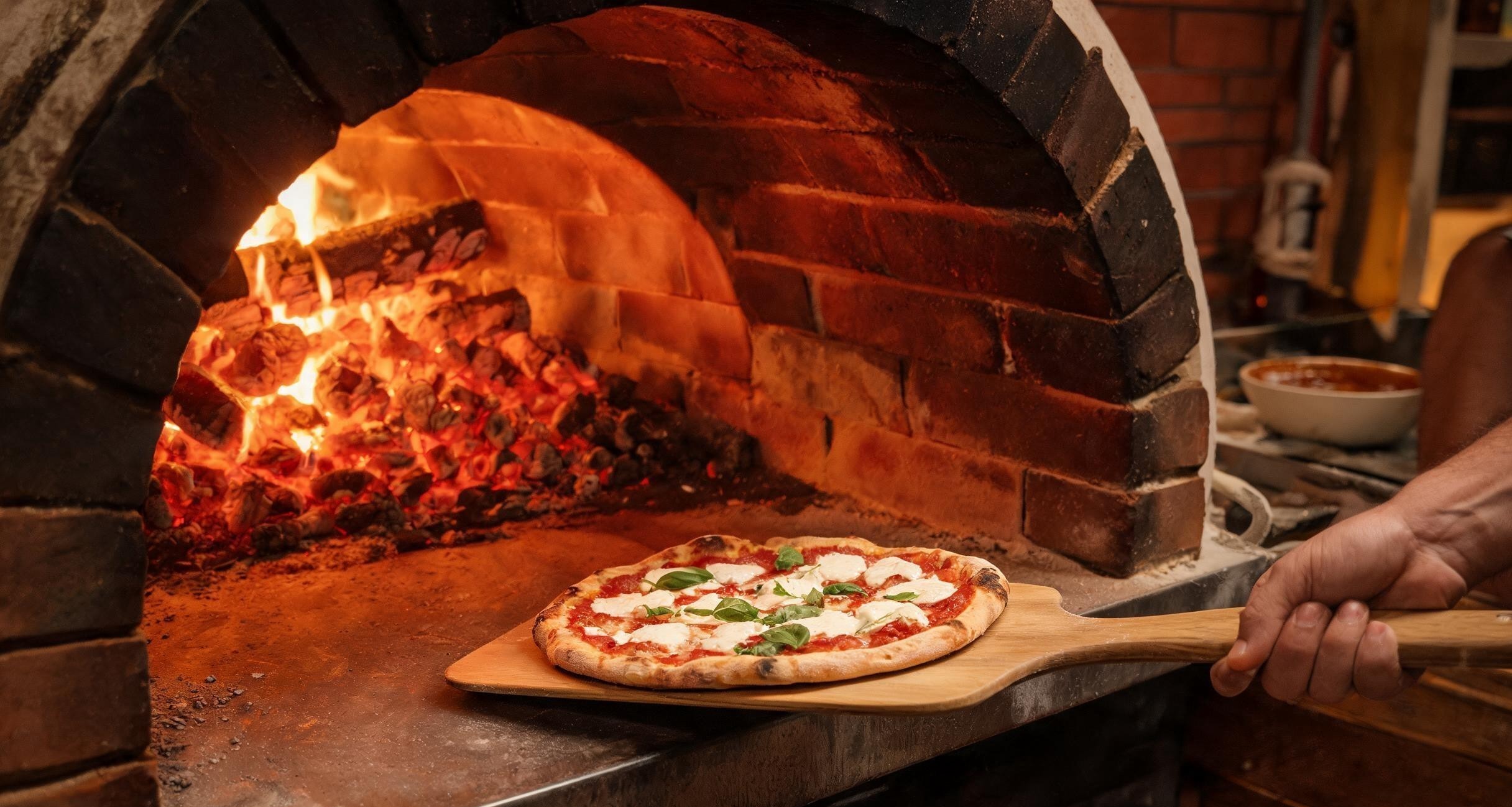 A classic Margherita pizza fresh from a Naples wood-fired oven