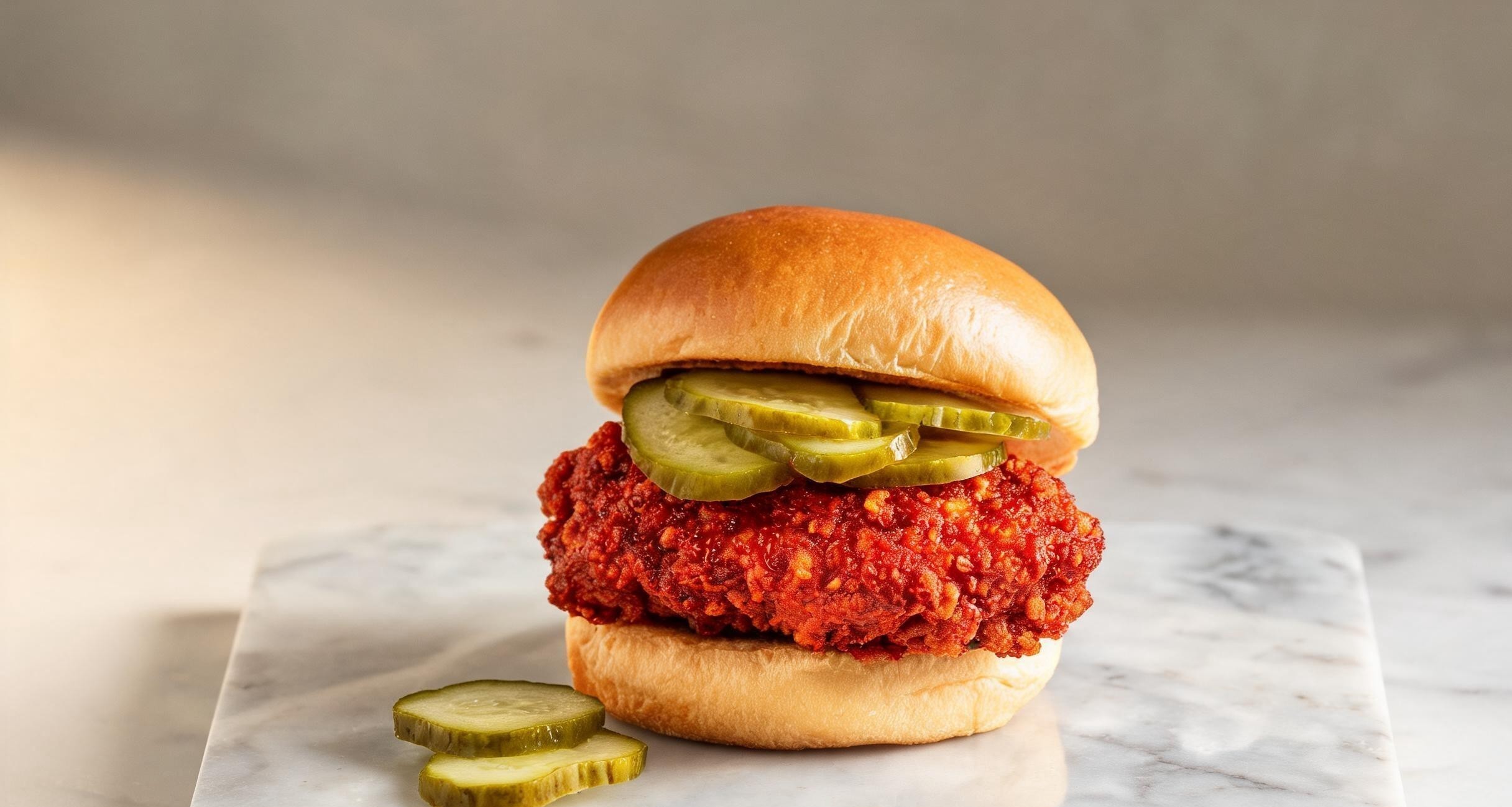 Three pieces of hot chicken in a styrofoam container with pickles and white bread