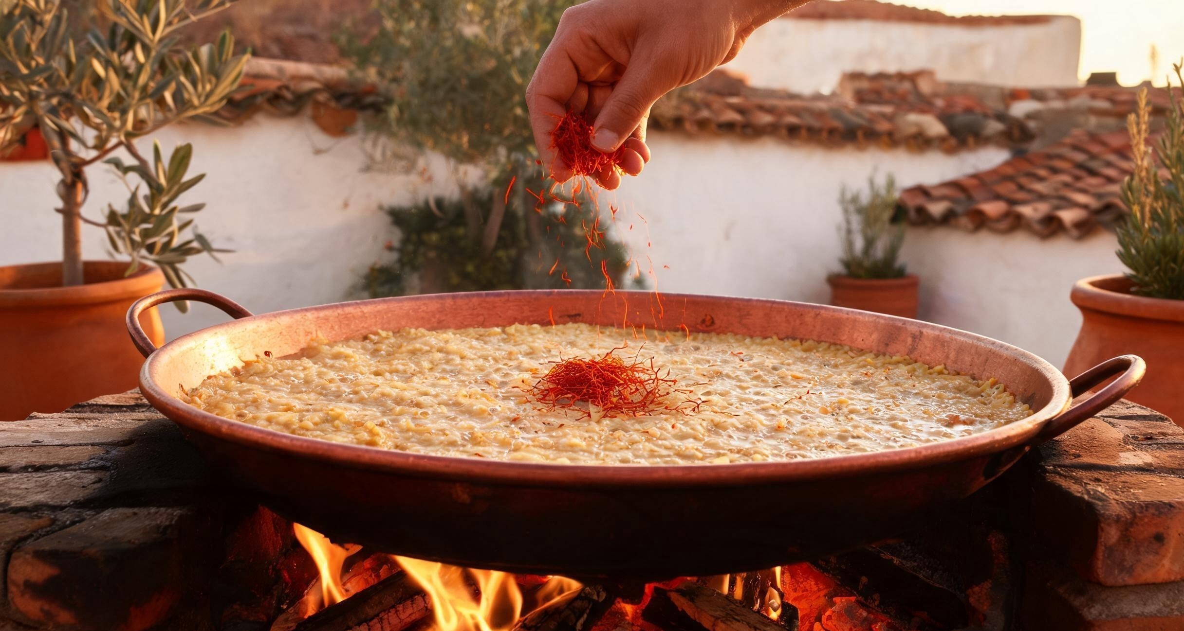 A wide paella pan sizzling over wood embers with the sofrito spread across the bottom