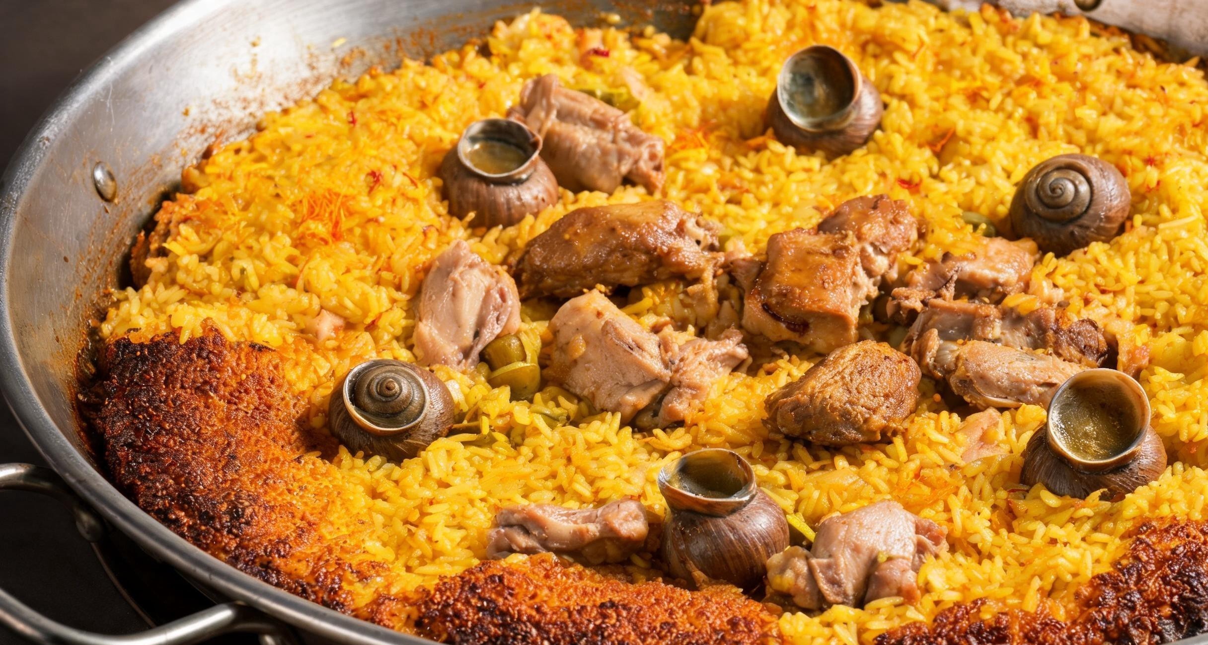 The socarrat, a crispy rice crust, visible at the bottom of a paella pan being scraped up