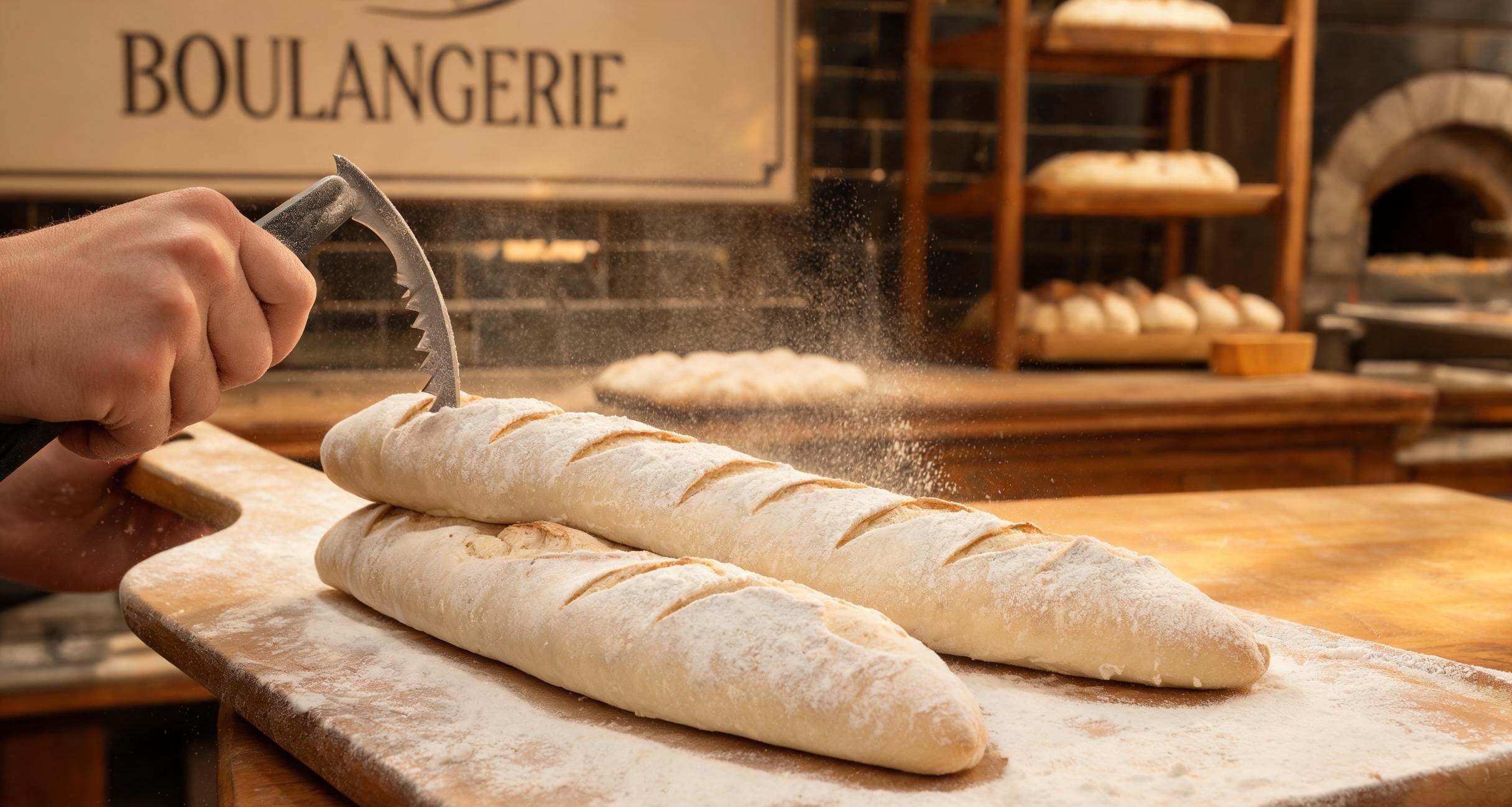 A baker removing baguettes from a stone hearth oven in Paris