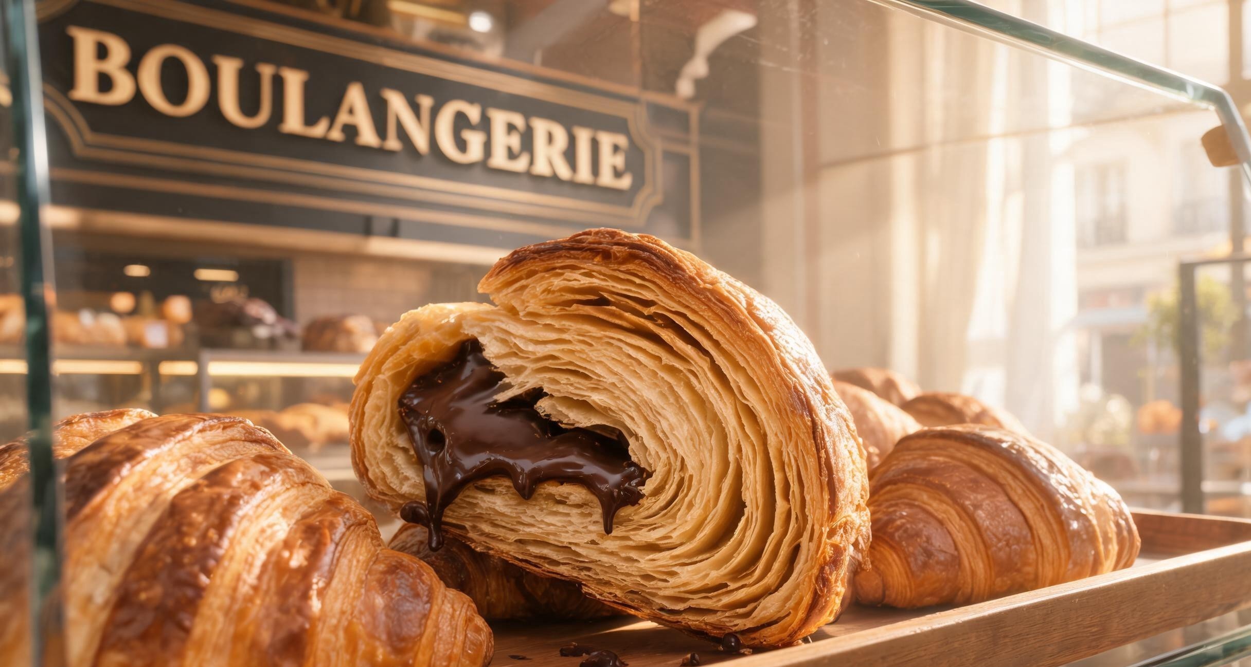 A flaky pain au chocolat broken open to reveal chocolate layers