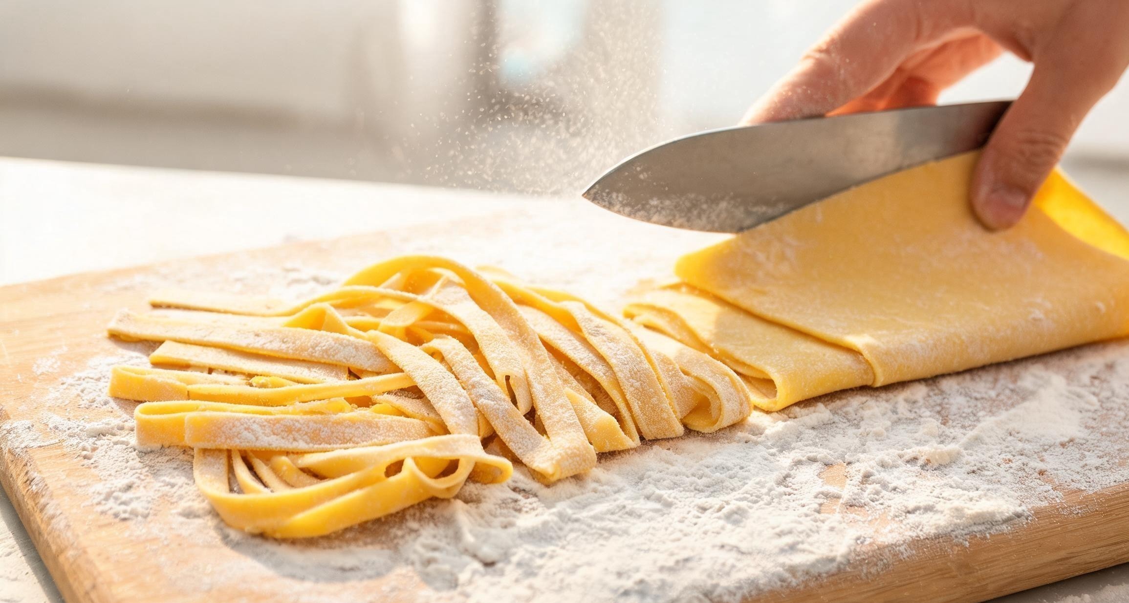 Fresh pasta dough being cut into fettuccine strips