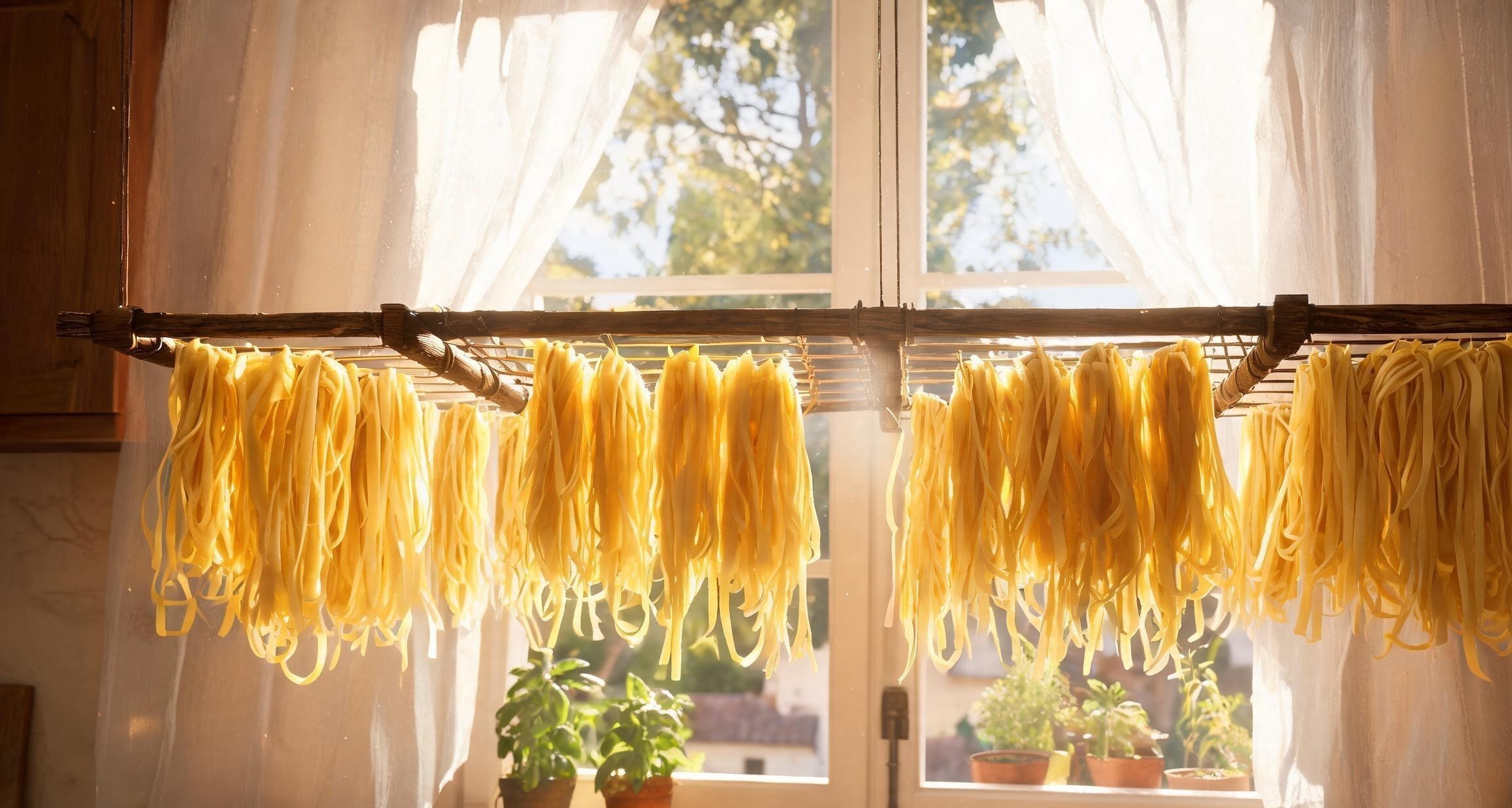 Fresh tagliatelle draped over a wooden drying rack