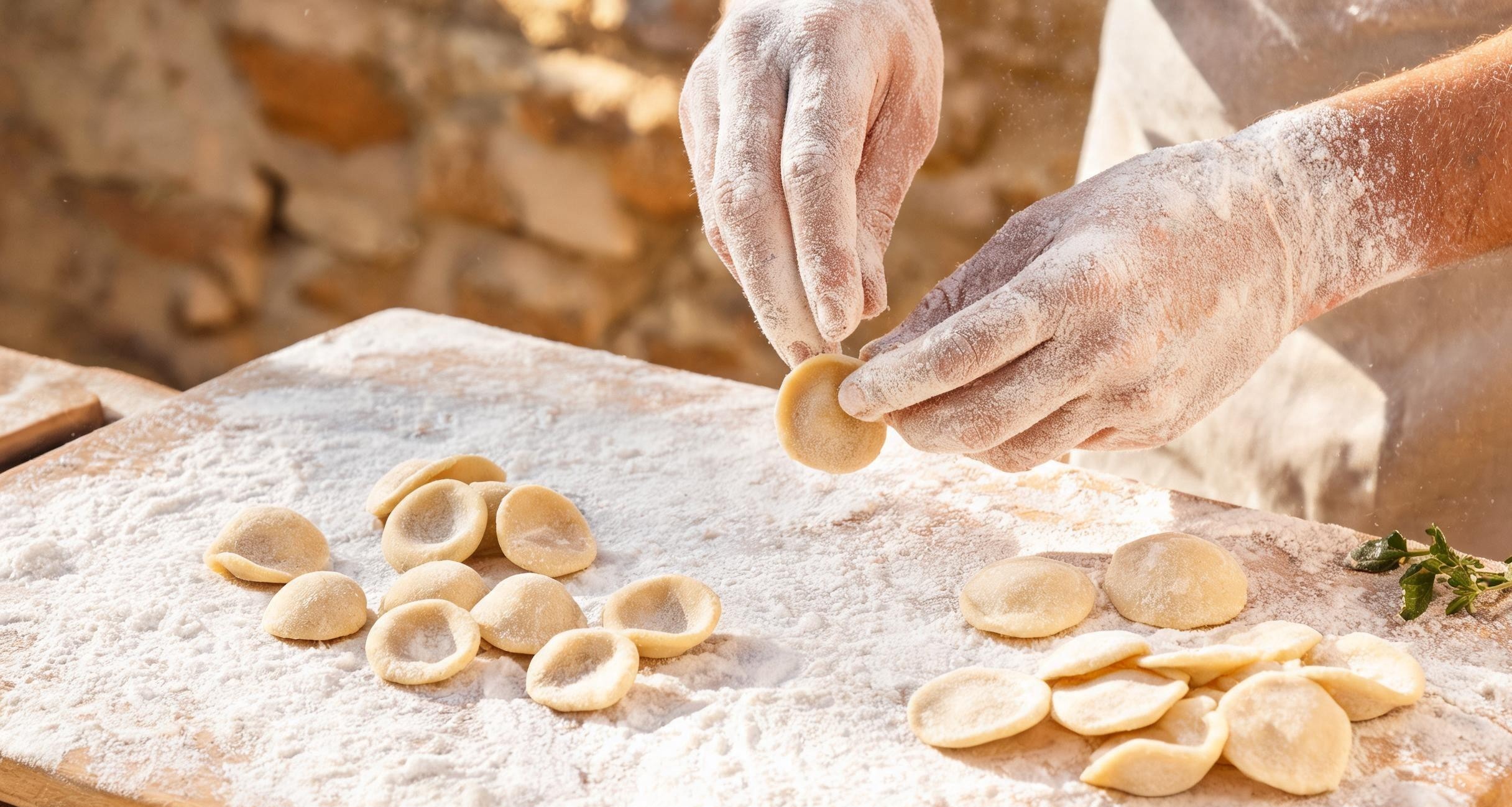 A woman's hands shaping orecchiette pasta on a wooden table in Puglia
