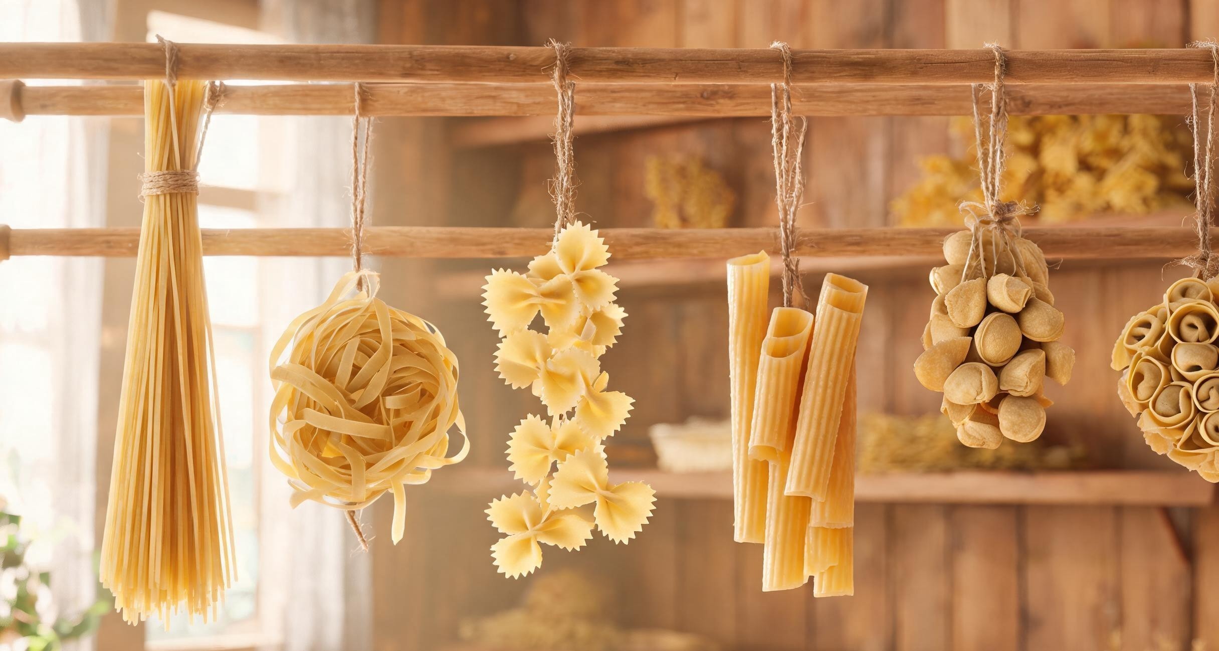 Dried pasta hanging in a shop window in Gragnano near Naples