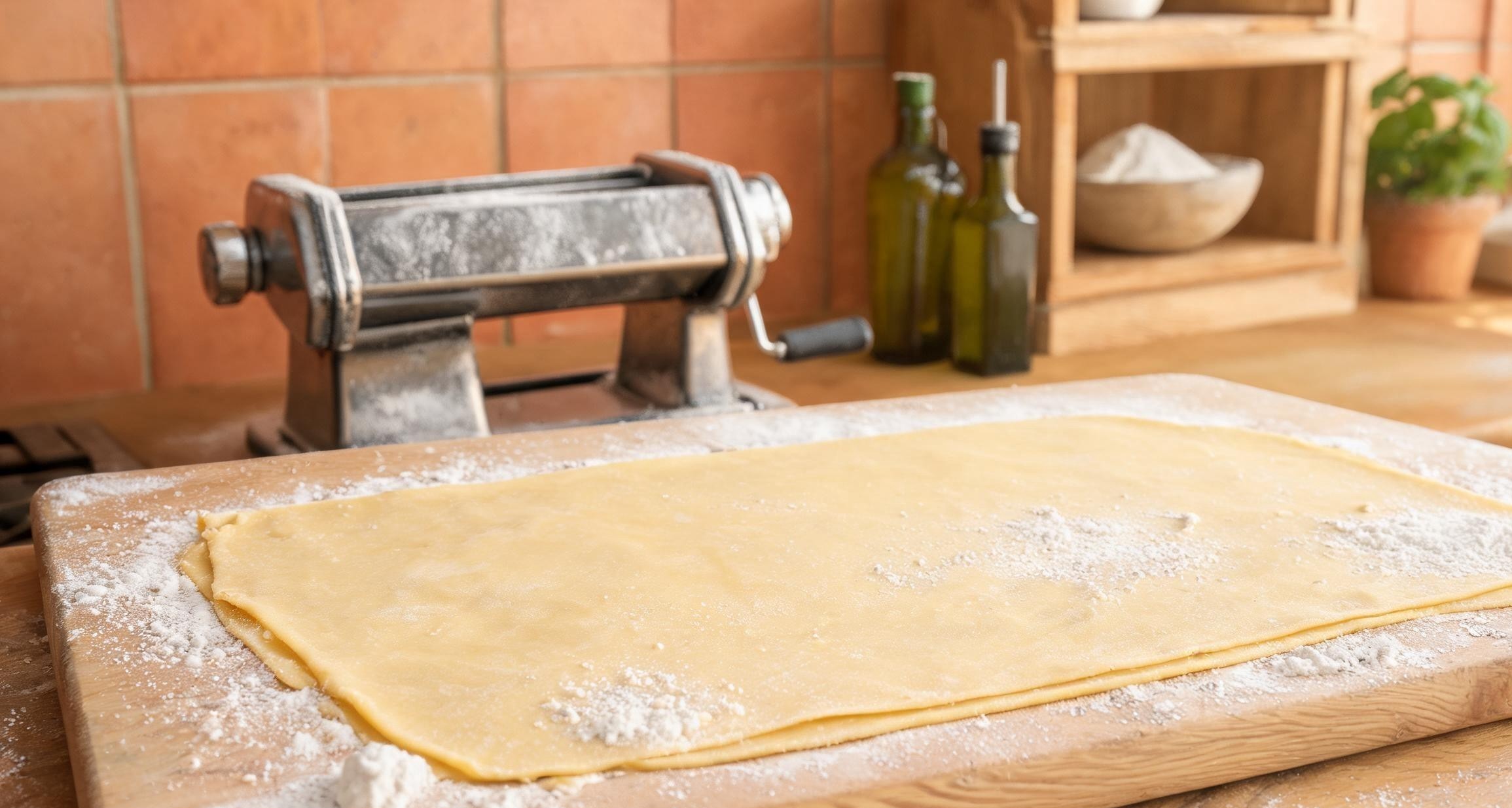 Pasta dough being passed through a hand-cranked roller