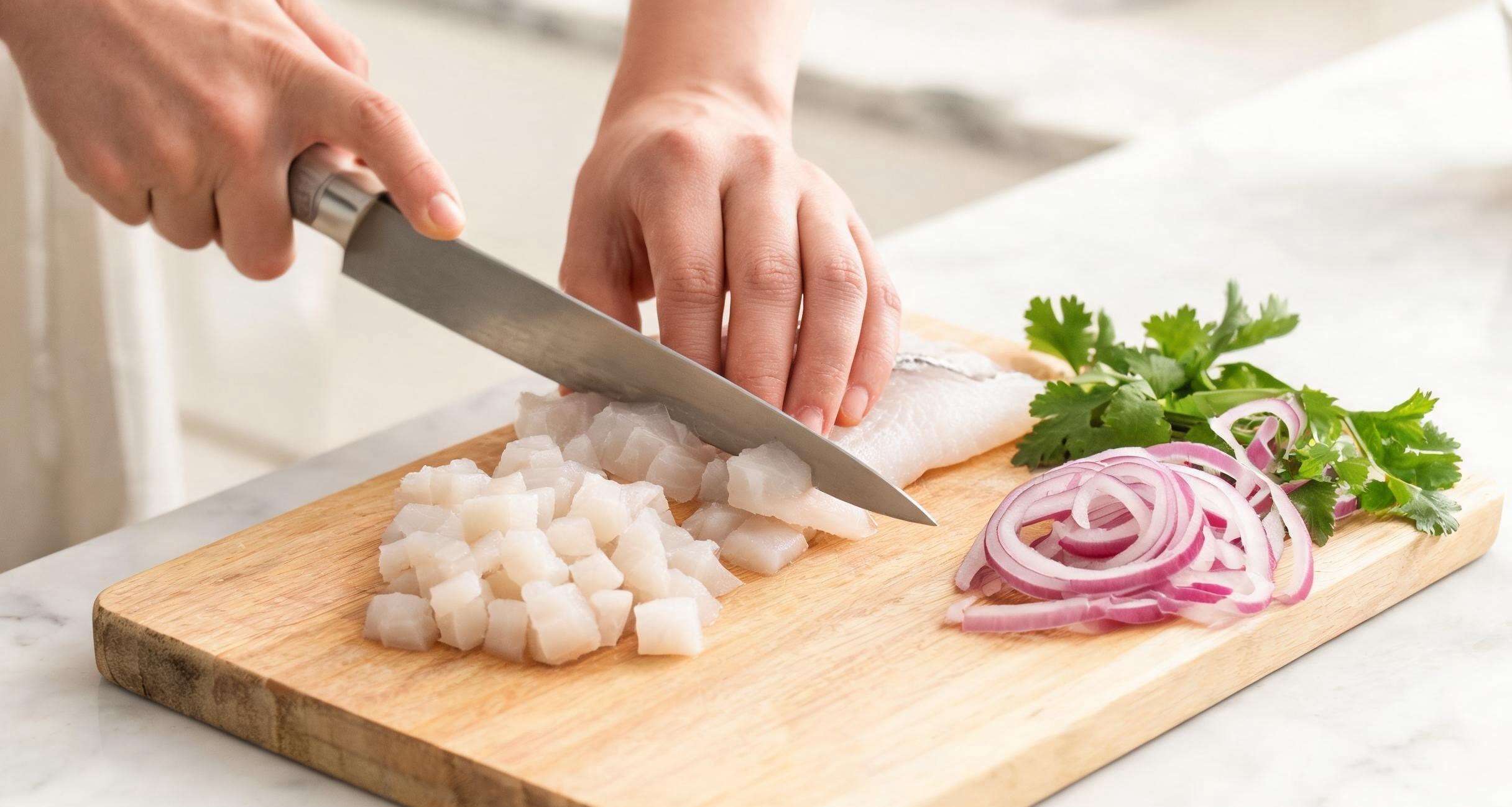 A cevichero cutting fresh corvina fish at a market stall in Lima