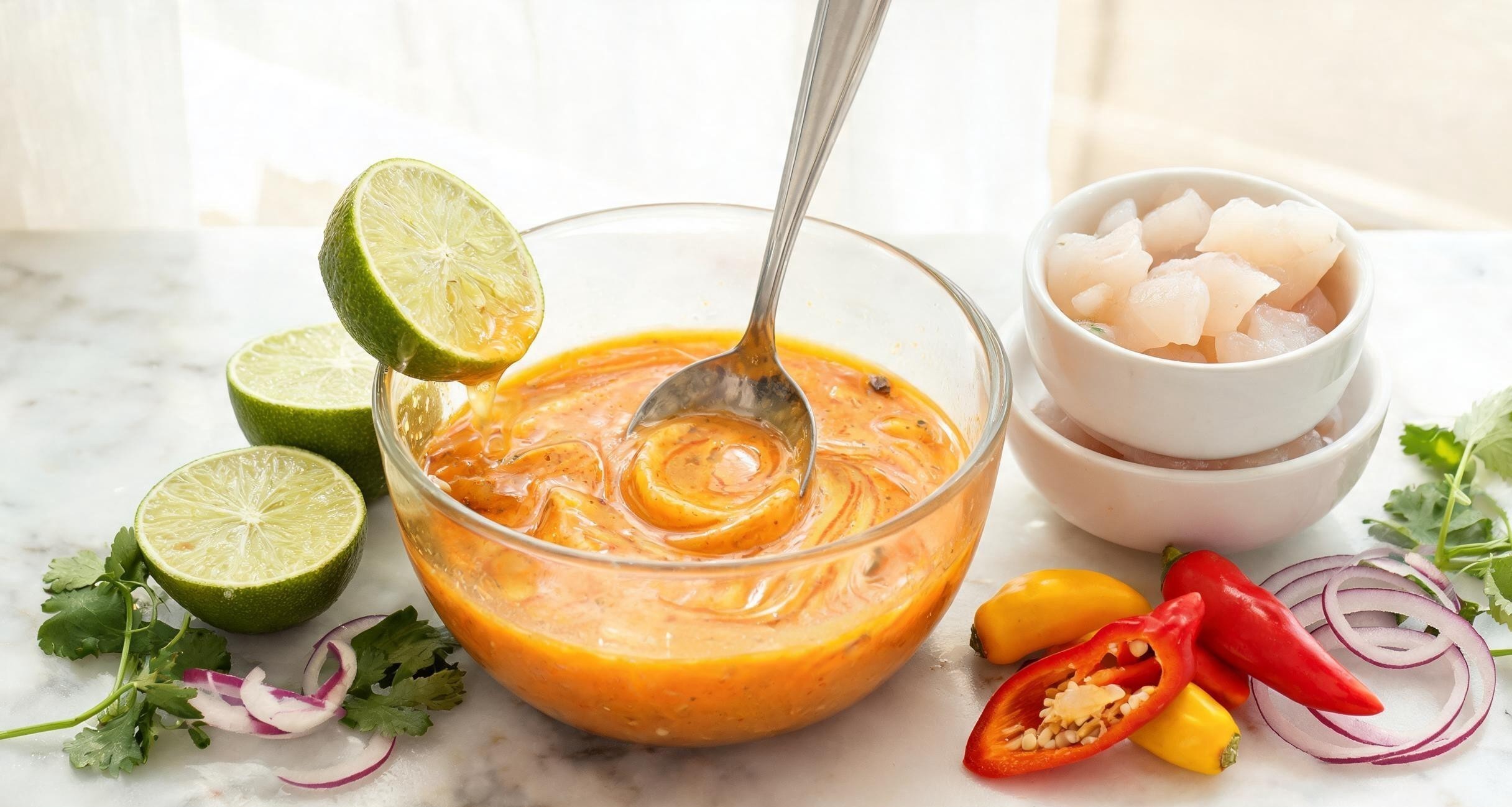 A glass of leche de tigre alongside a ceviche plate with corn and sweet potato