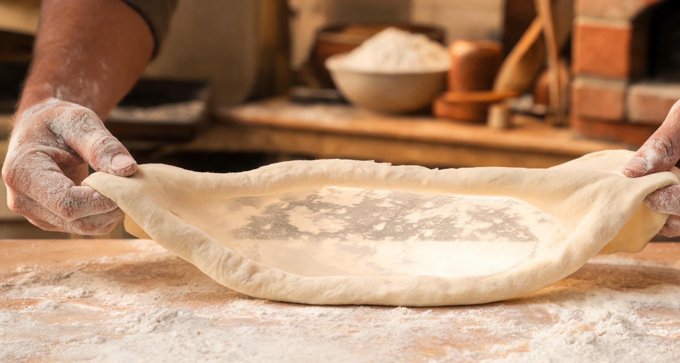 Hands stretching pizza dough until it becomes translucent at the center