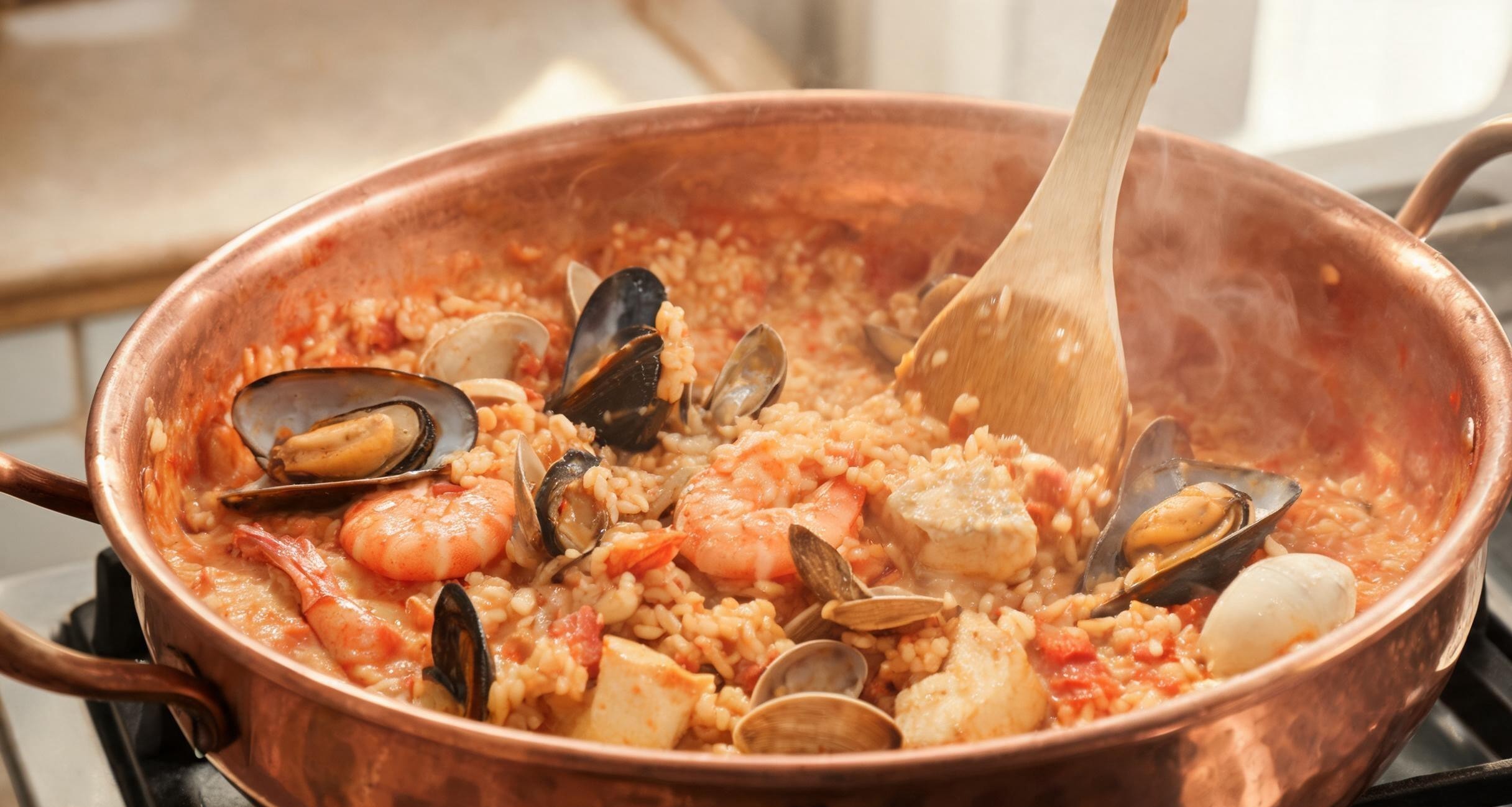 Close-up of arroz de marisco in a shallow bowl showing the saucy rice texture
