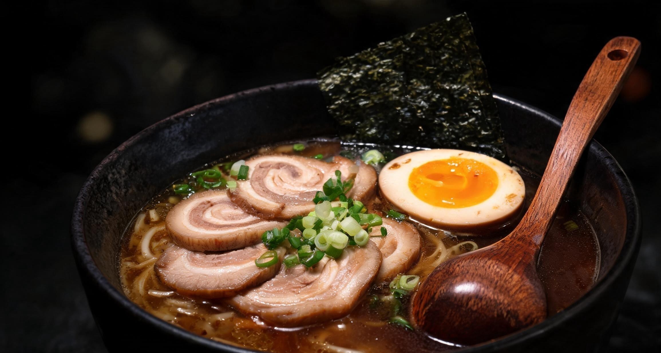Close-up of chashu pork slices on a ramen bowl