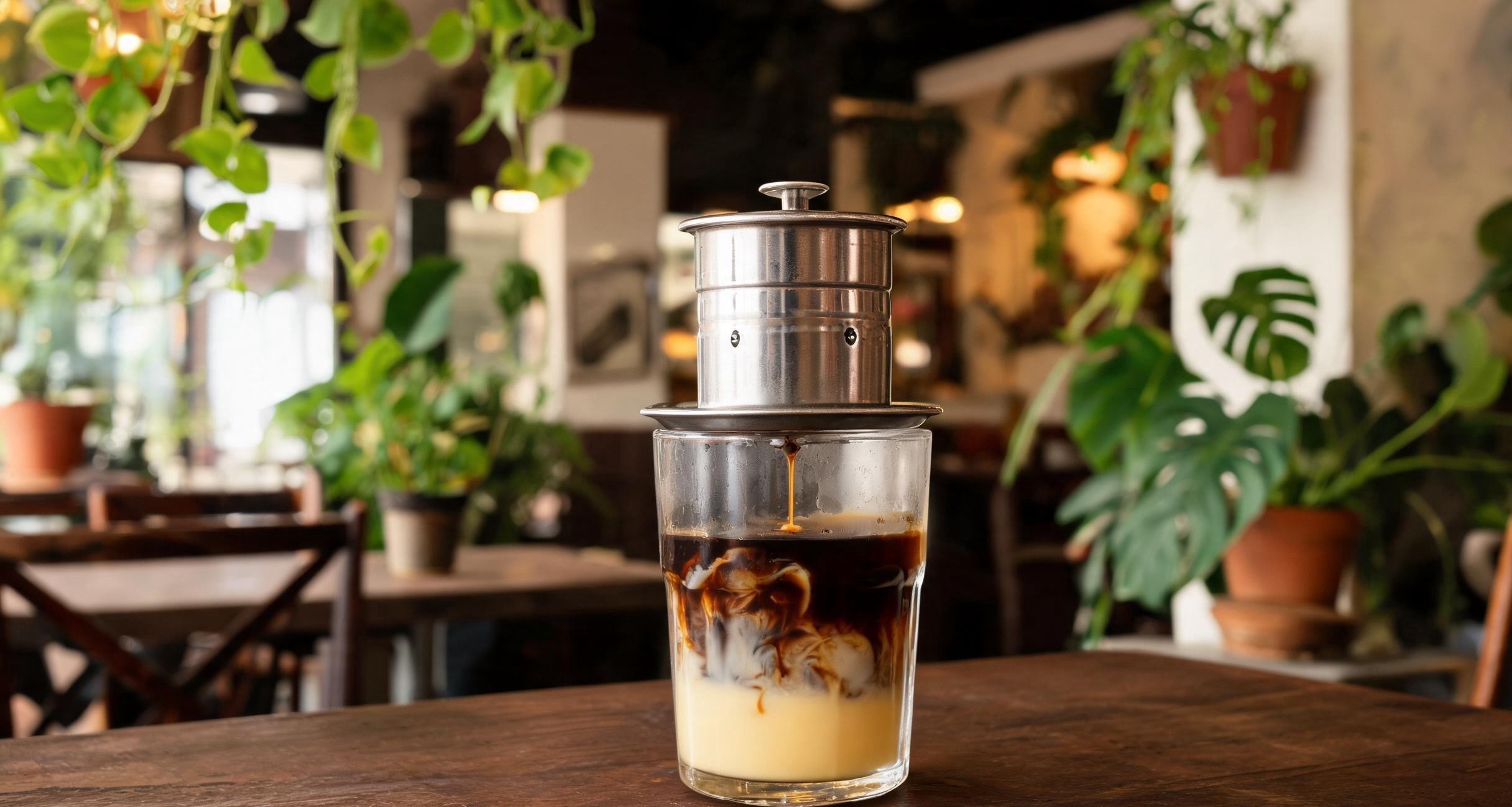 A traditional Vietnamese drip filter (phin) sitting on top of a glass
