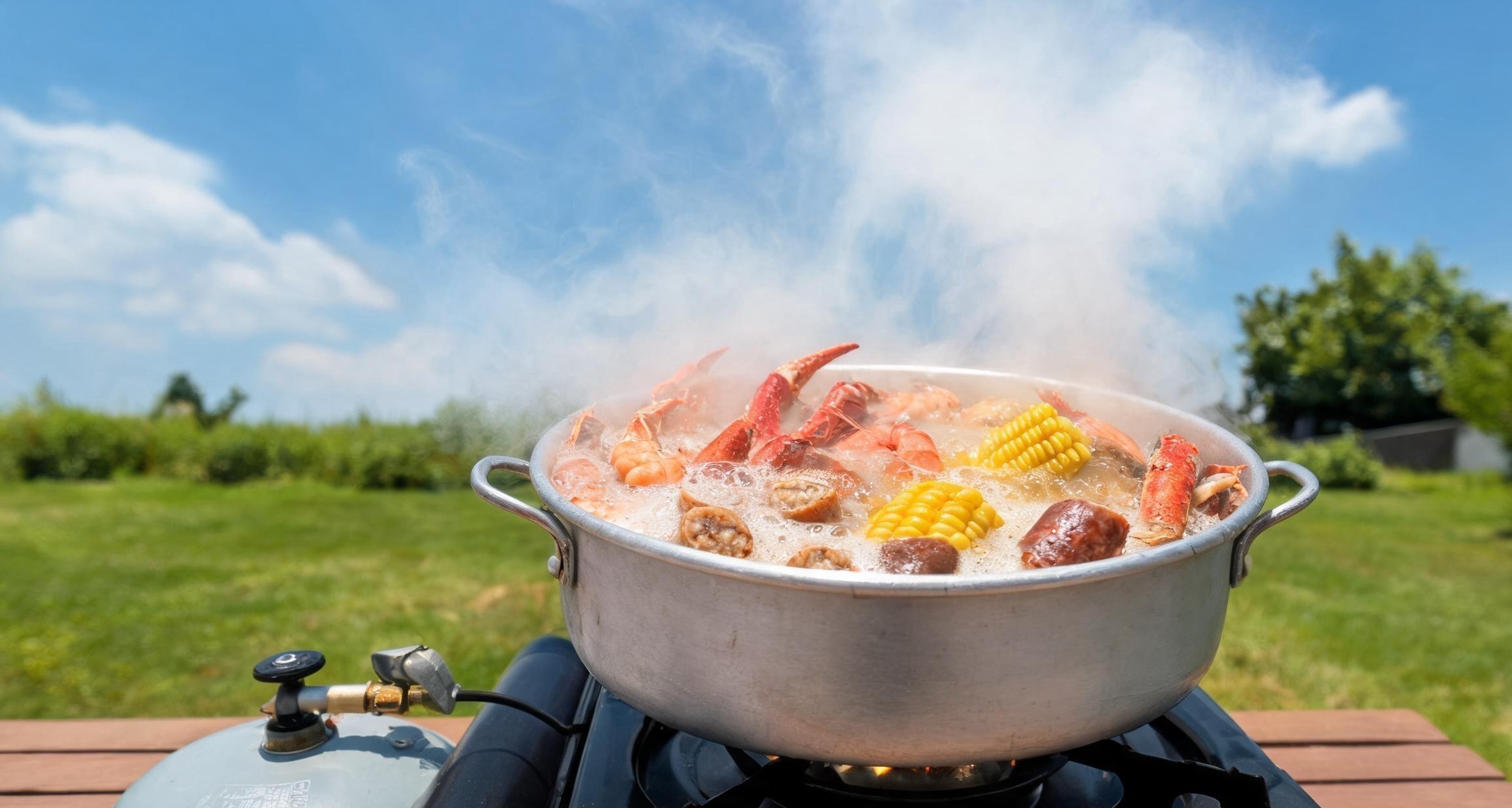 A 60-quart stockpot sitting on a propane burner in a grassy backyard