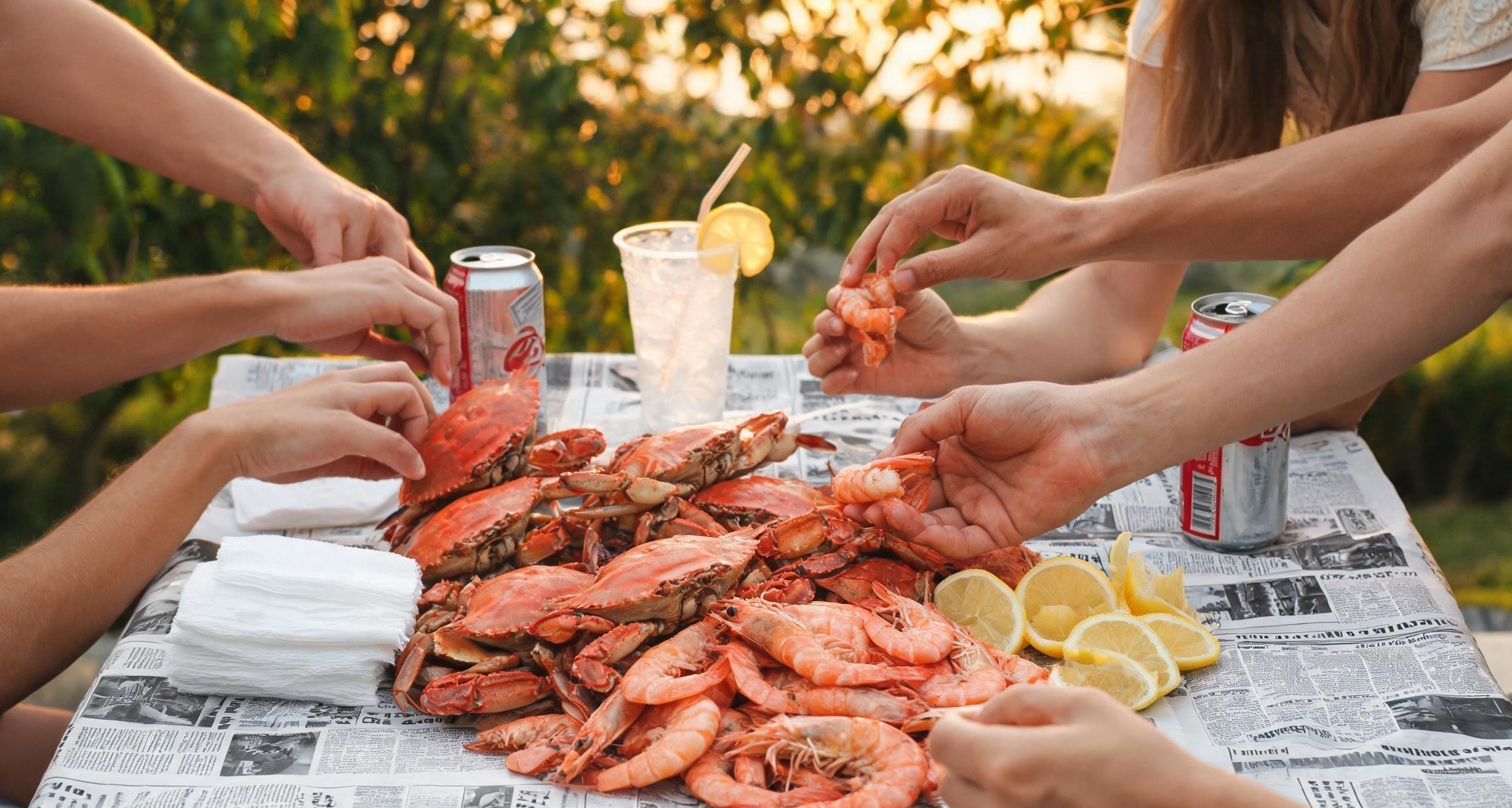 A long table covered in newspaper with steamed crab, shrimp, corn, and sausage spread across it