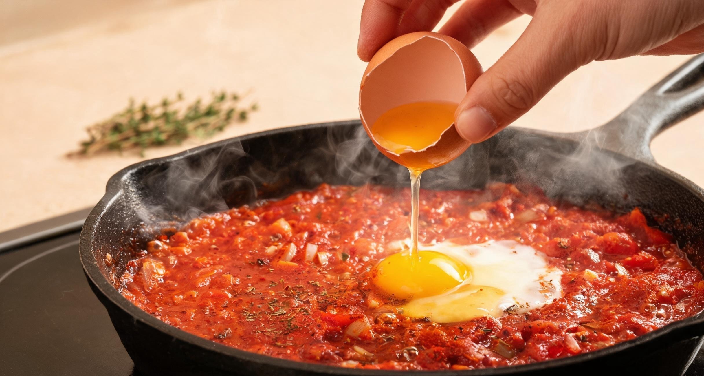 A skillet of shakshuka with eggs poaching in spiced tomato sauce