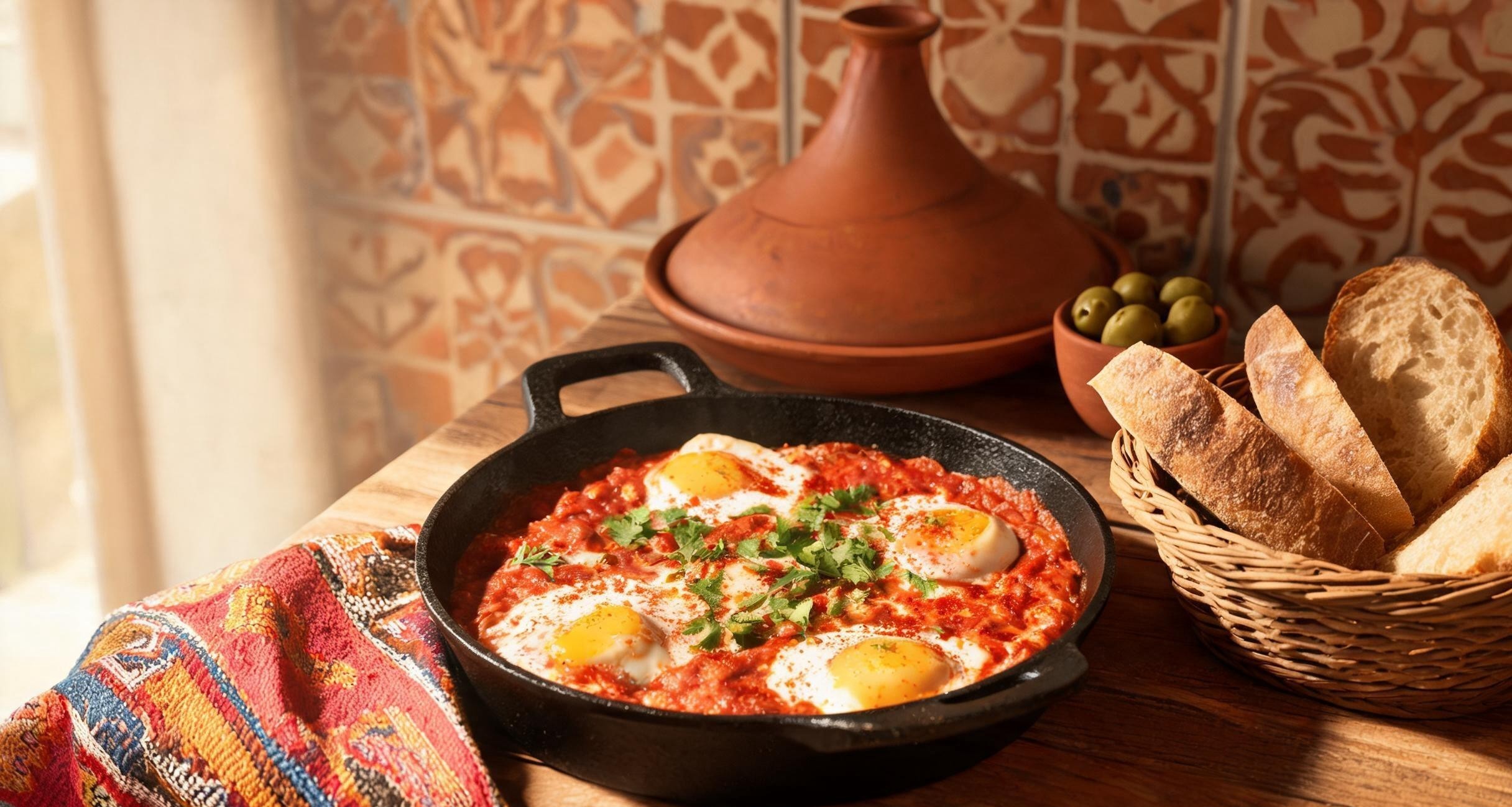 Shakshuka served in a cast iron skillet with feta and cilantro on top
