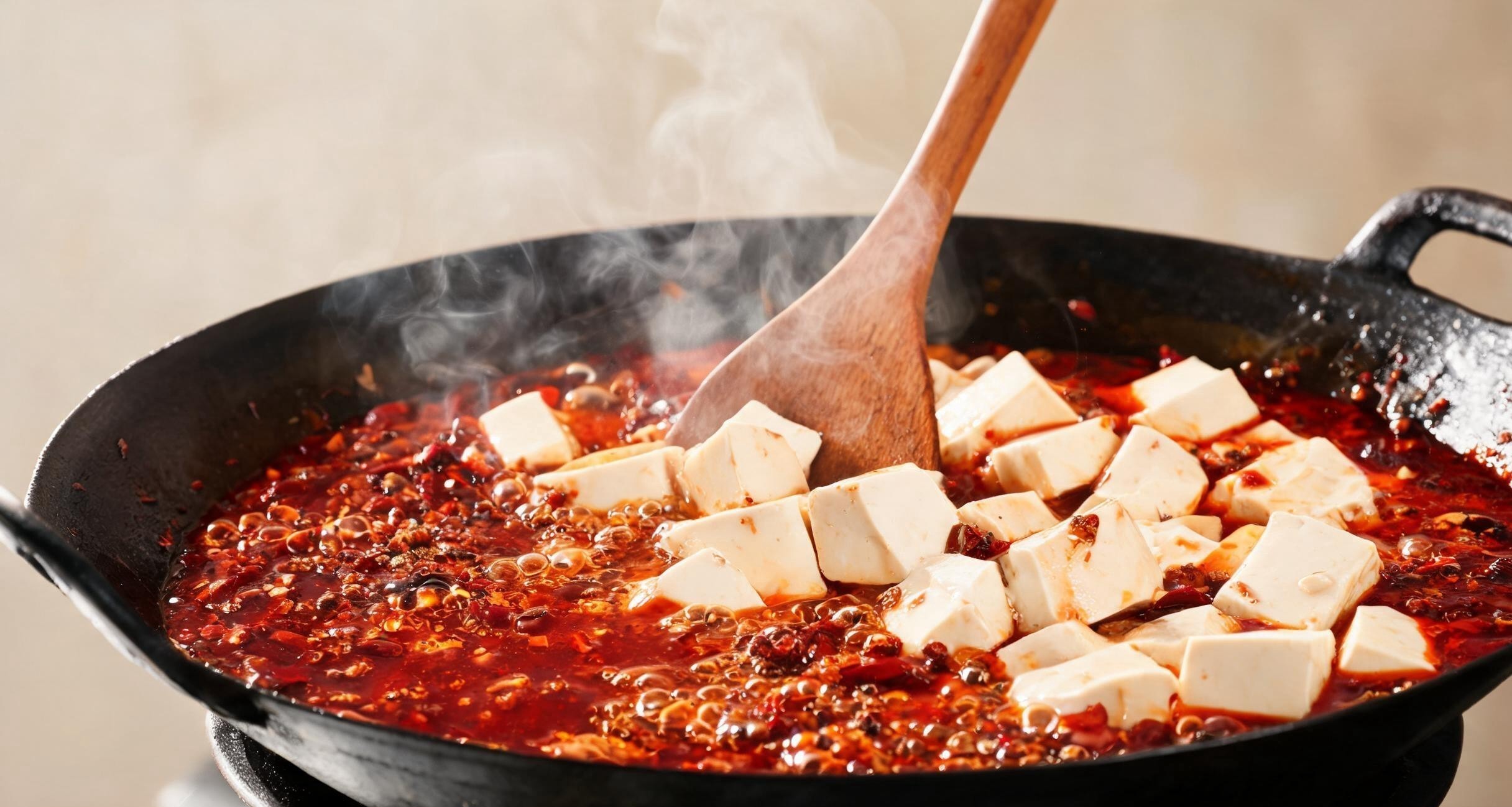 Ground pork and doubanjiang paste frying in a wok until fragrant and red