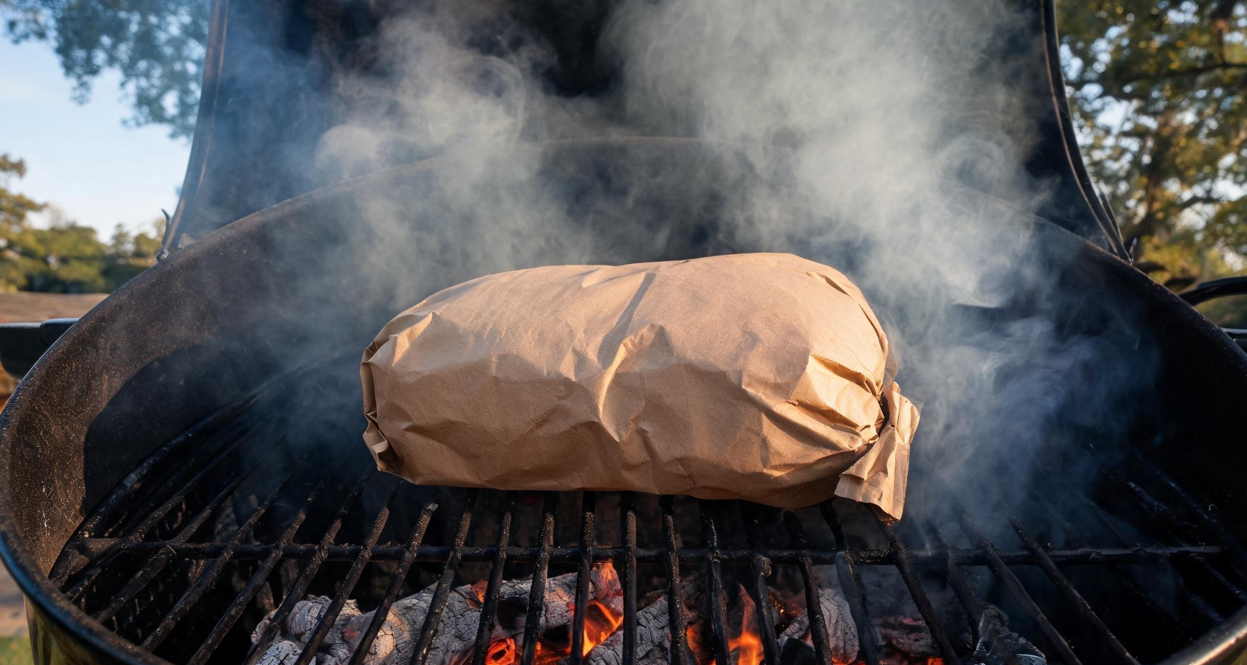 A charcoal chimney starter glowing with hot coals next to a kettle grill