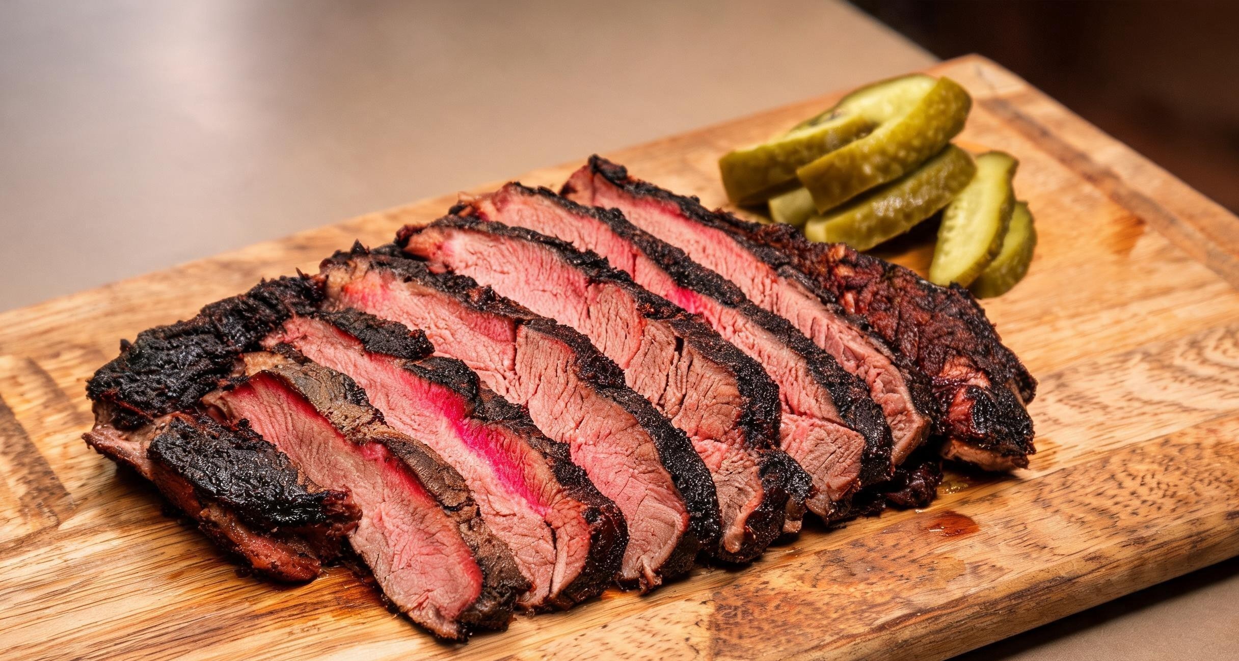 Sliced brisket showing a pink smoke ring beneath a dark bark crust