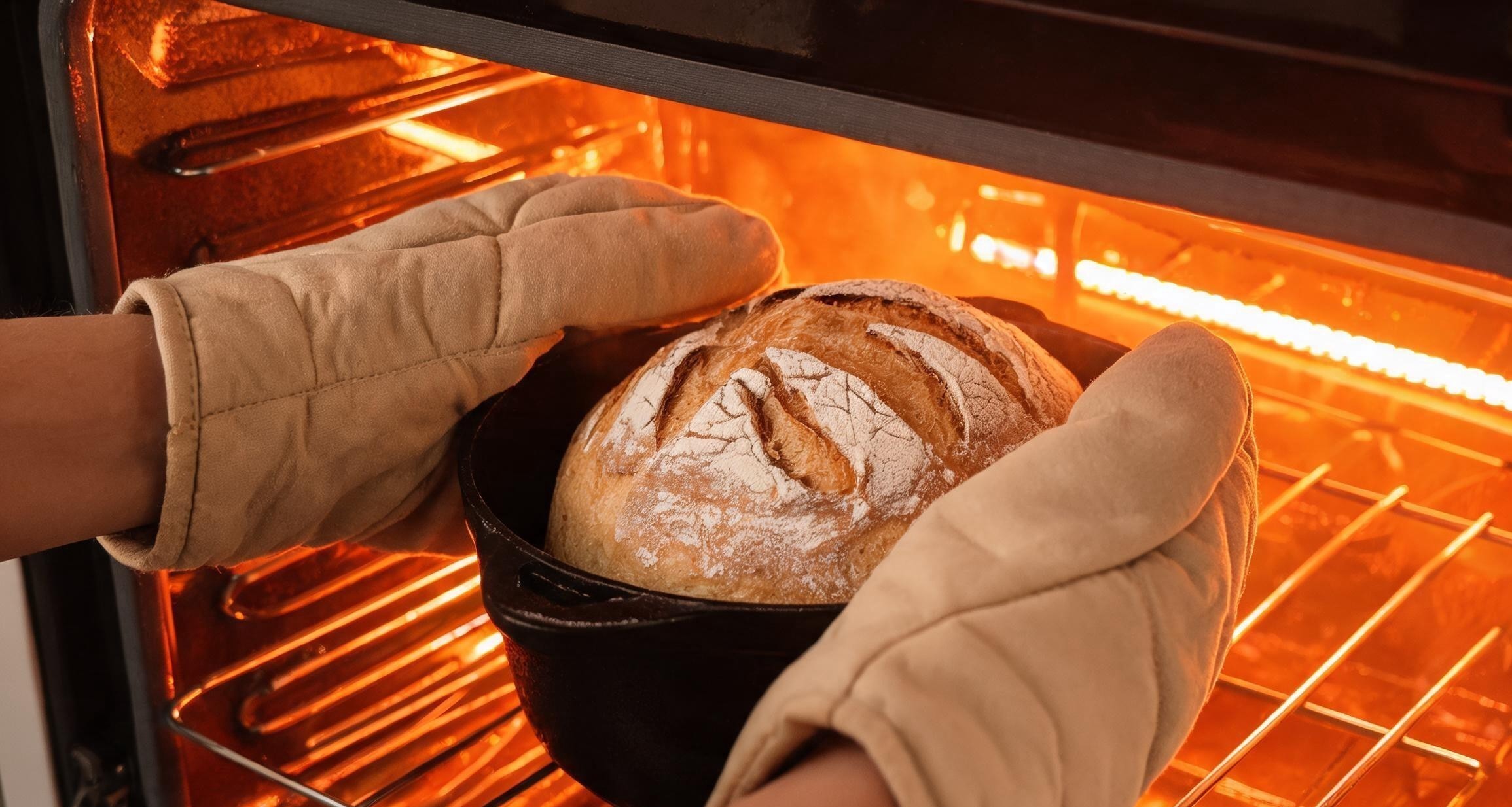 A Dutch oven inside an oven ready for sourdough baking