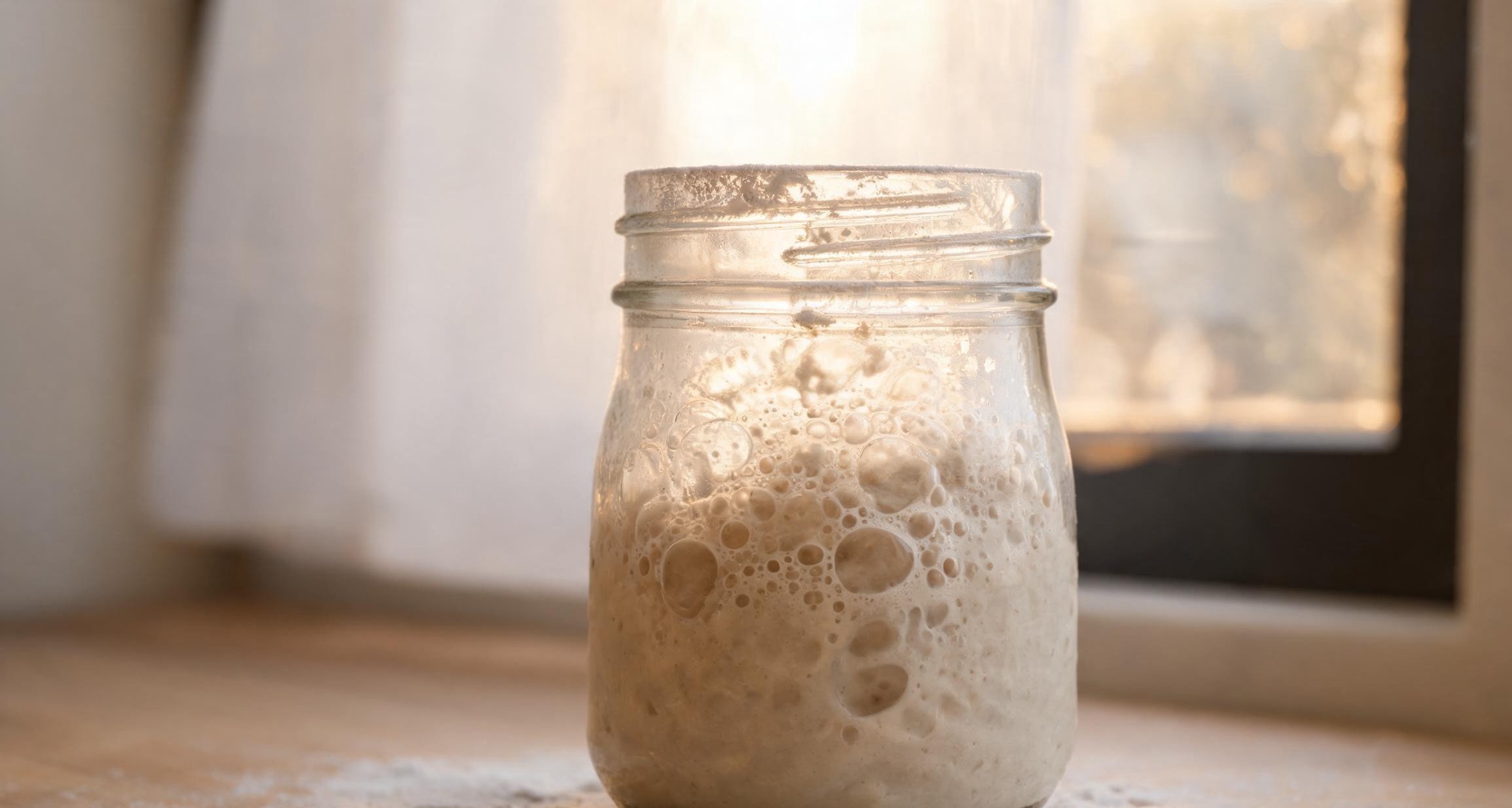 A glass jar filled with active sourdough starter showing consistent bubble formation