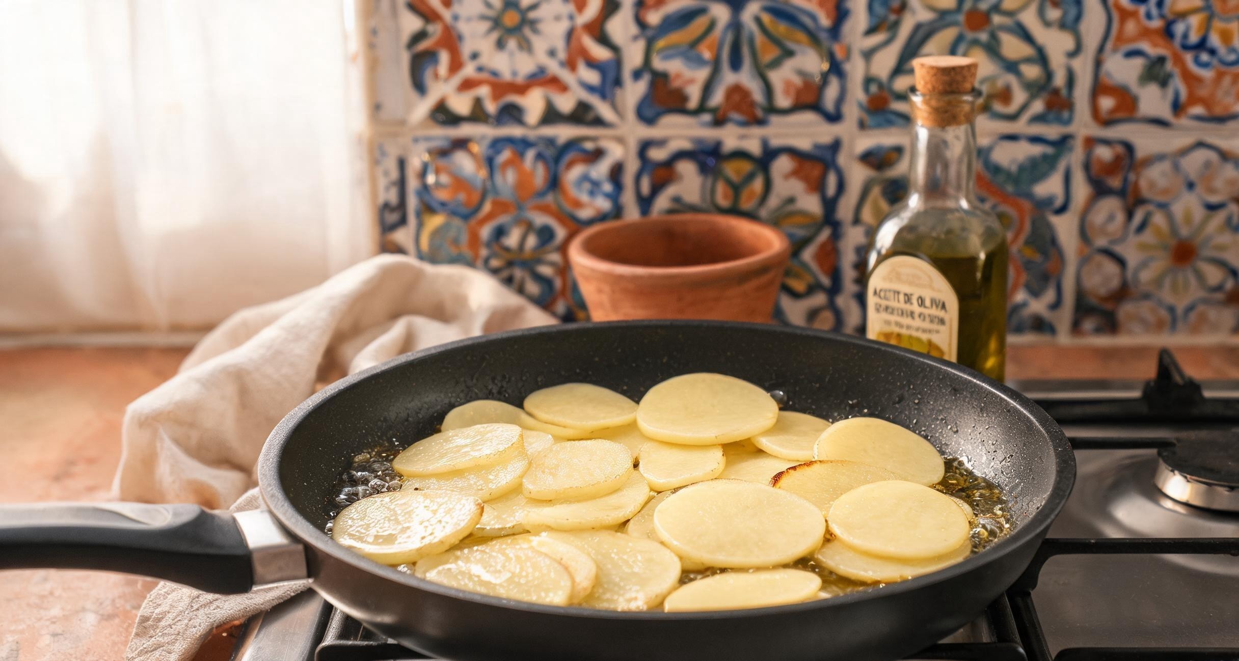 Potatoes sliced thin and cooking slowly in olive oil in a non-stick pan