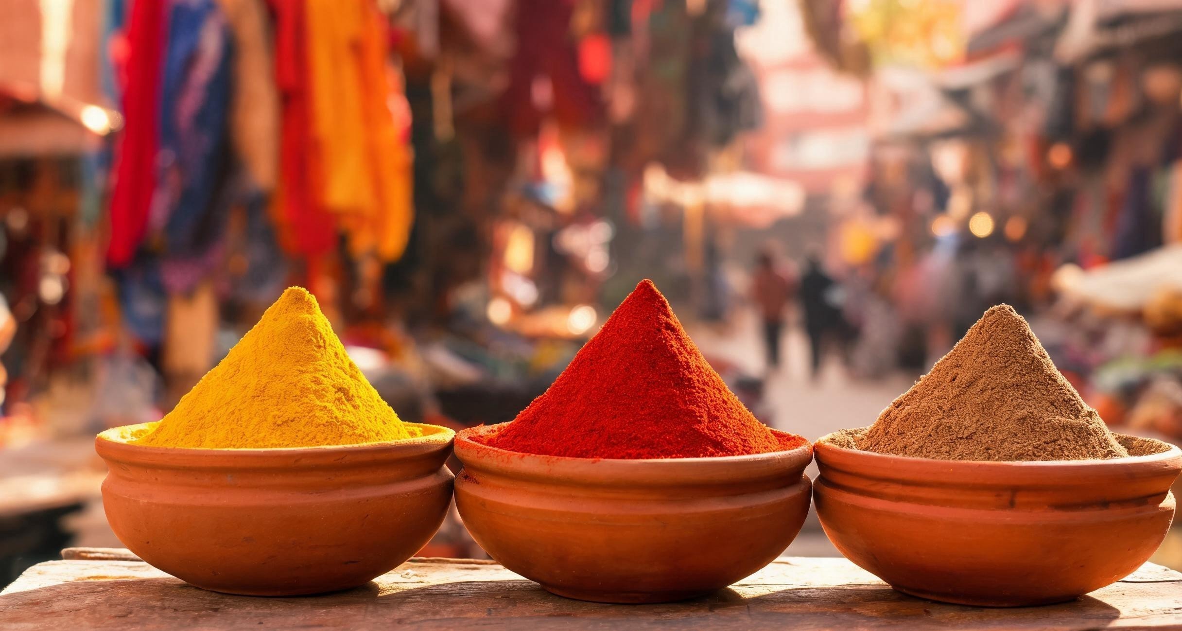 Spice vendor stall with colorful pyramids of ground spices in the Marrakech medina