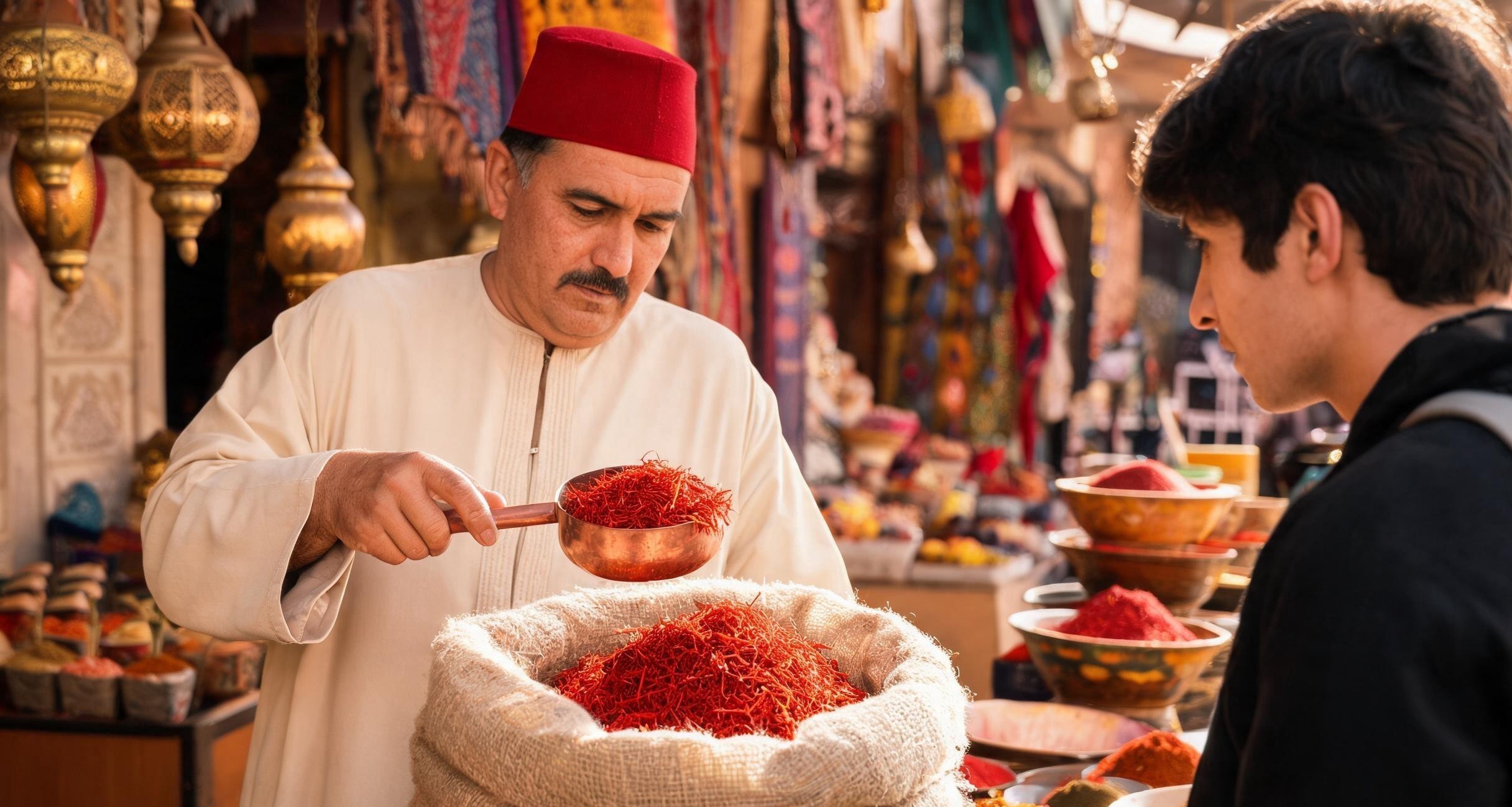 A vendor measuring saffron threads on a small scale in a Marrakech shop