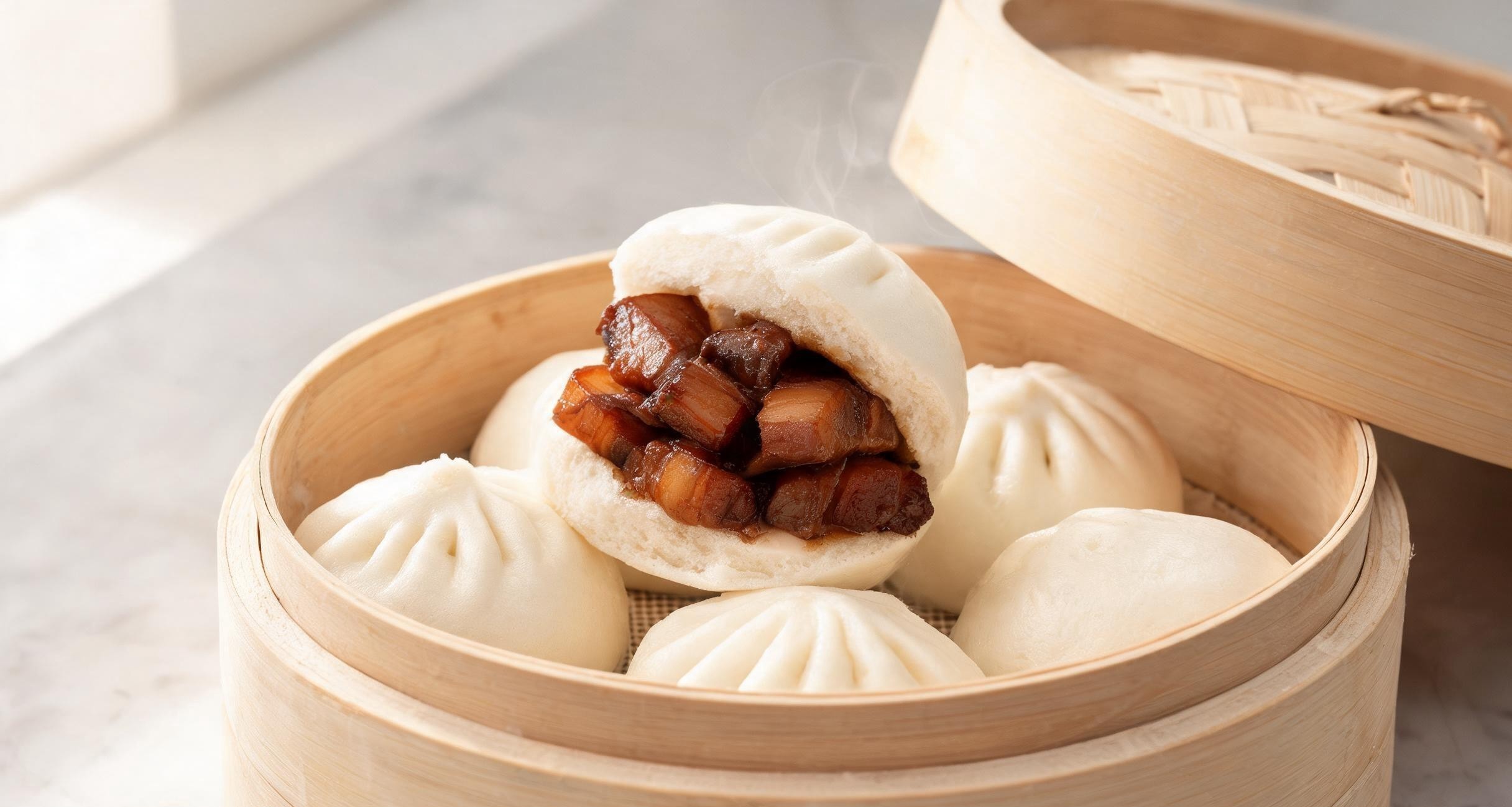 A bamboo steamer full of white bao buns on a kitchen counter