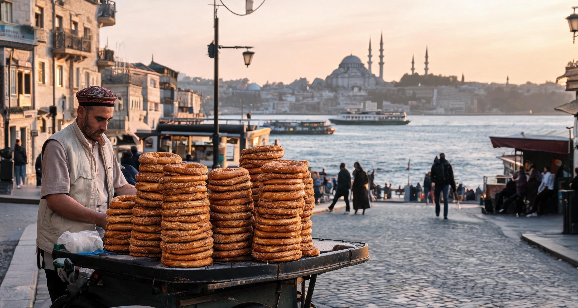 A balik ekmek sandwich being handed to a customer from a boat docked at the Eminonu pier