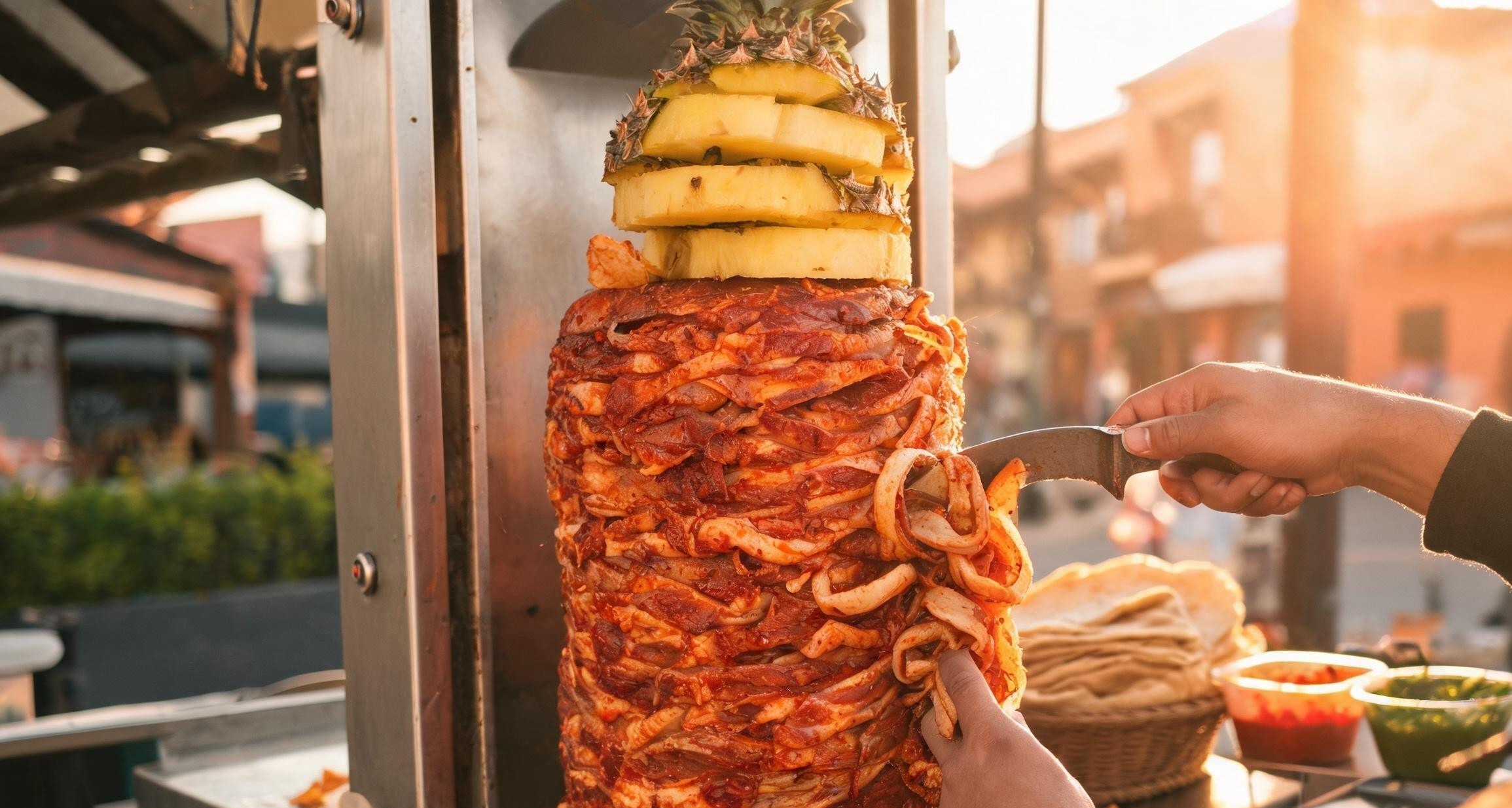 Tacos al pastor sliced from a trompo