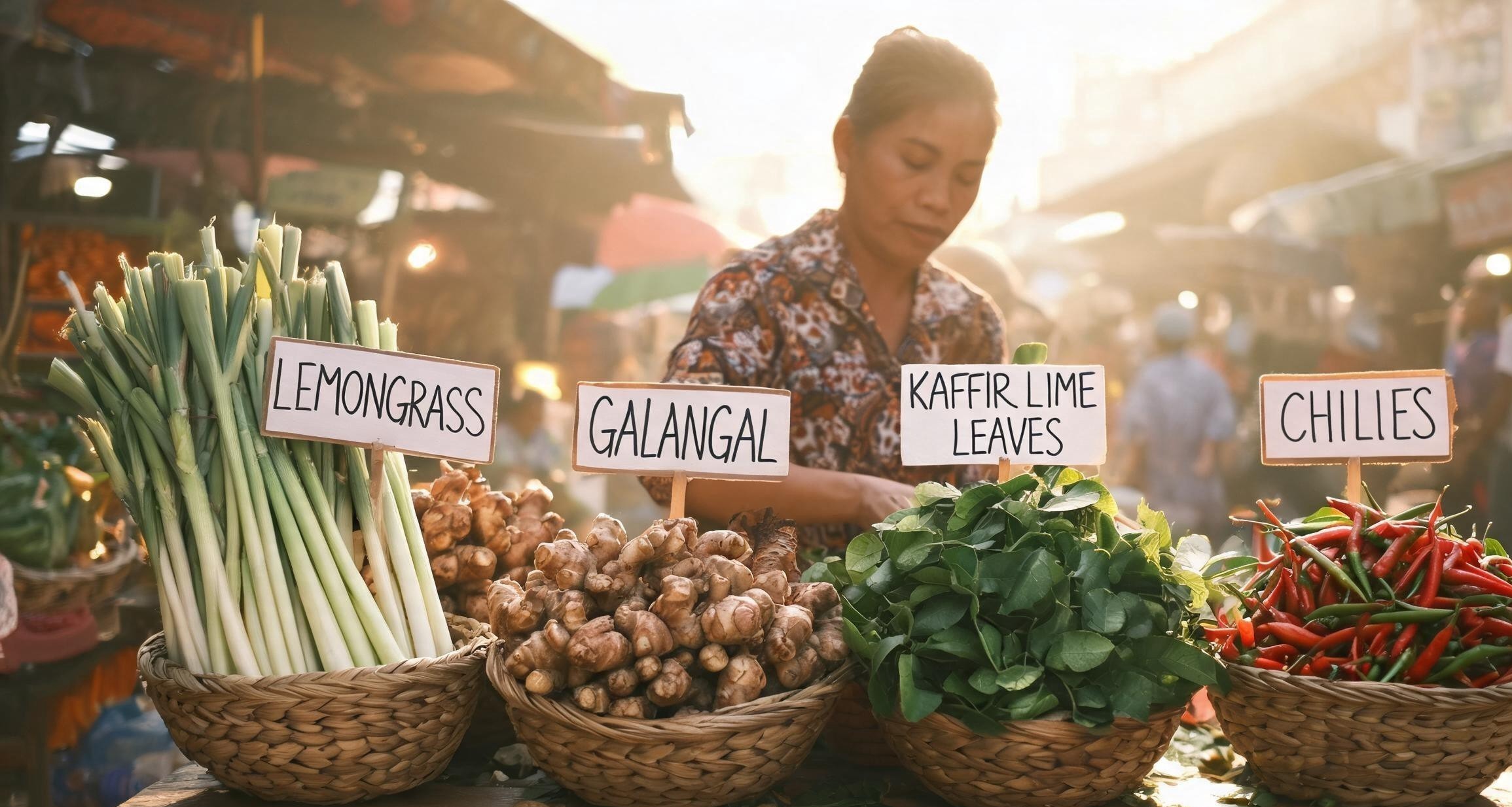 Thai market ingredients for green curry paste