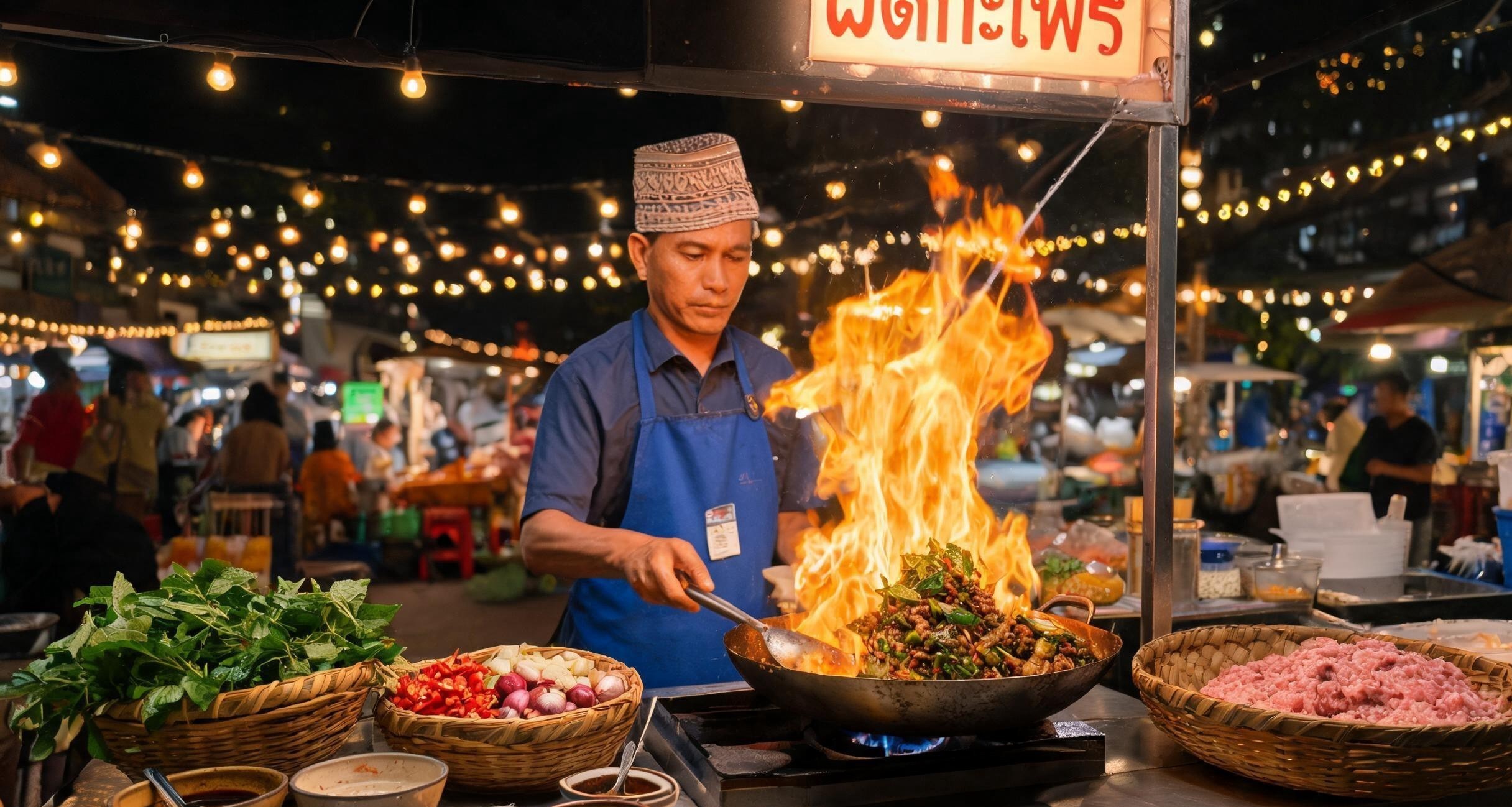 A vendor tossing pad thai in a carbon steel wok over a high flame at a Bangkok market stall