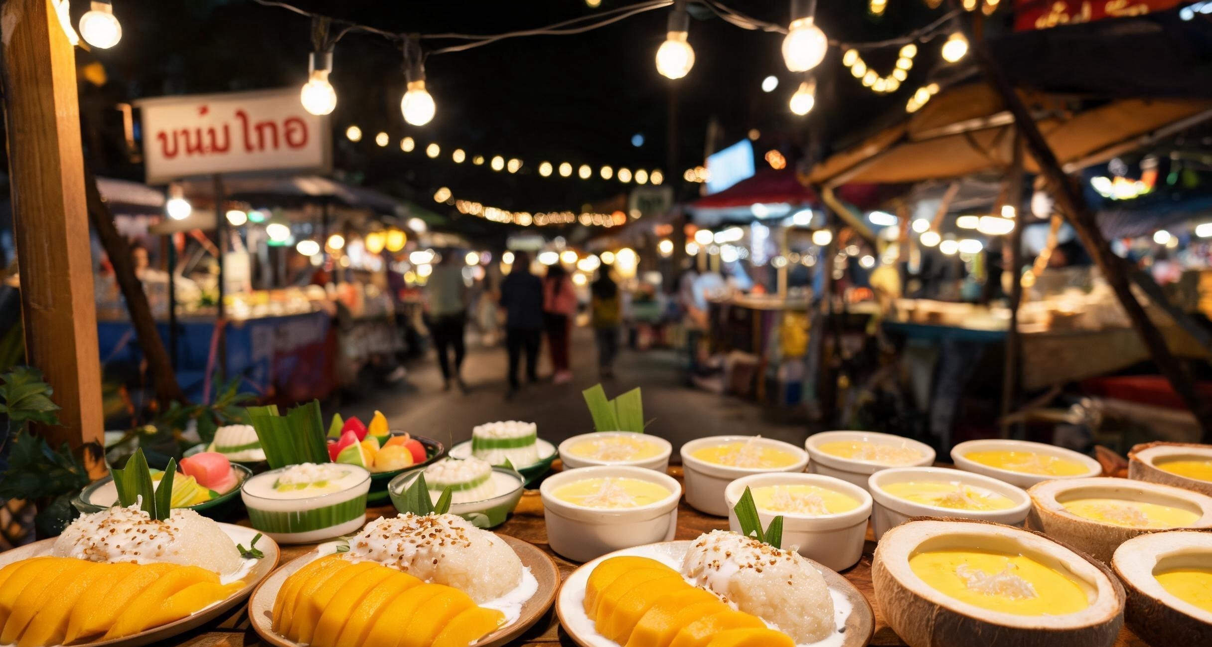 A woman scooping mango sticky rice onto a banana leaf from a street cart