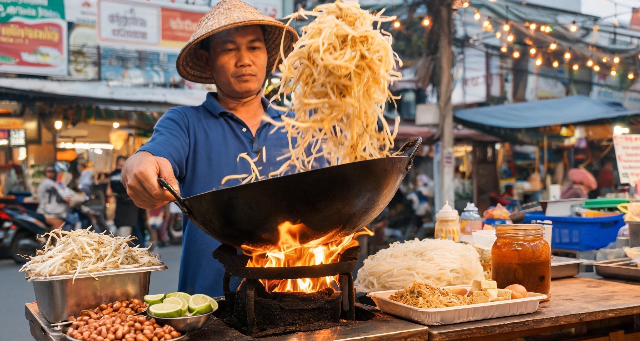 A street vendor tossing noodles in a smoking hot wok on a Bangkok sidewalk