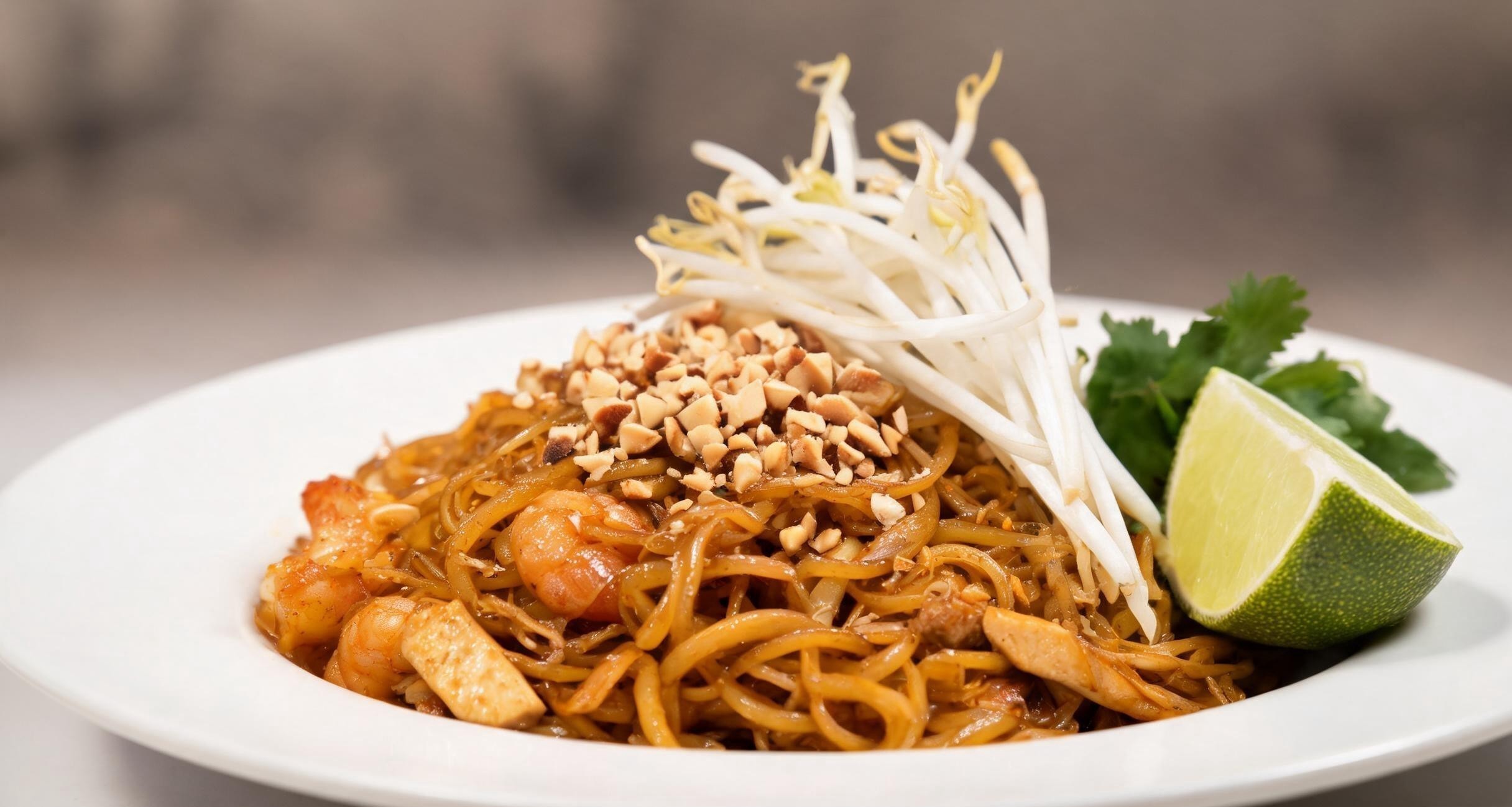 A plate of pad Thai with shrimp, crushed peanuts, and lime on a plastic table