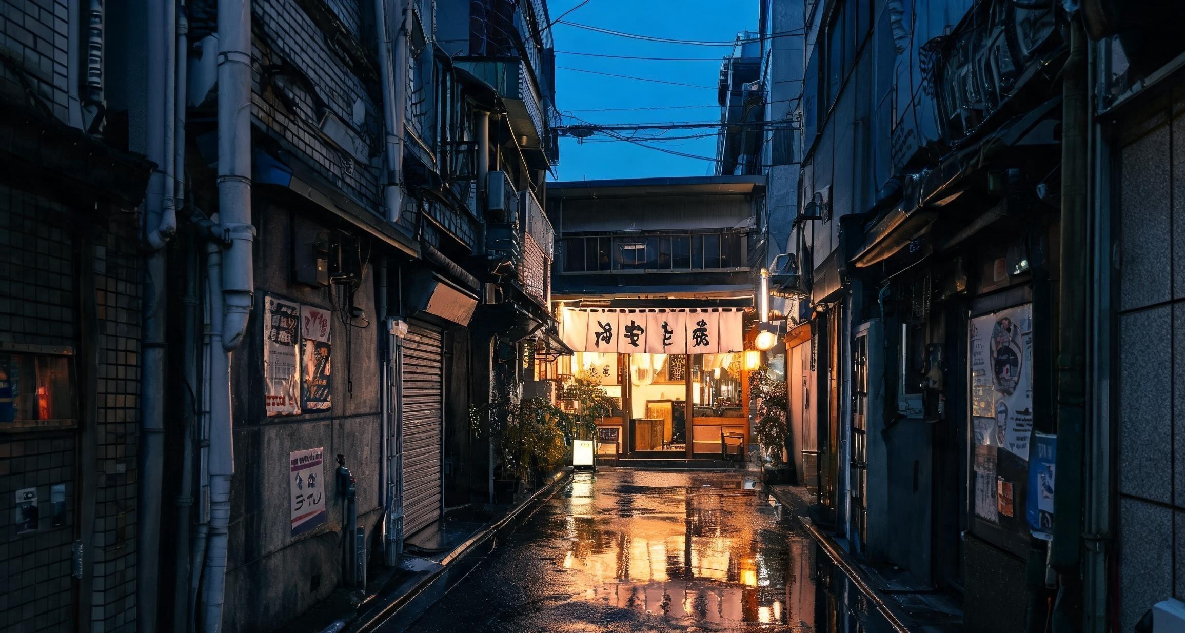 A narrow alley in Tokyo with a small restaurant entrance lit by a lantern