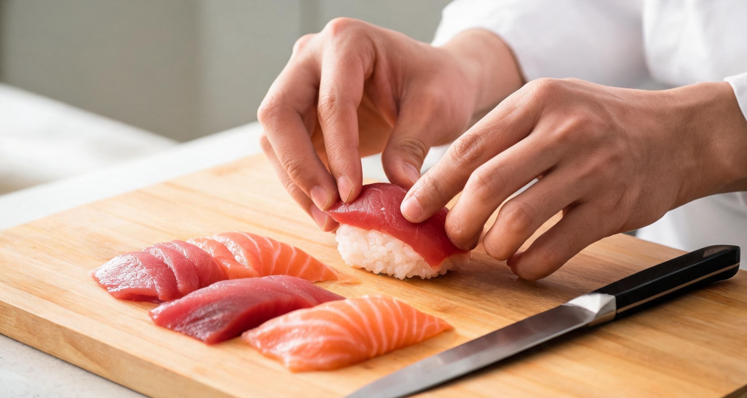A chef's hands forming a piece of tuna nigiri at a Tokyo sushi counter