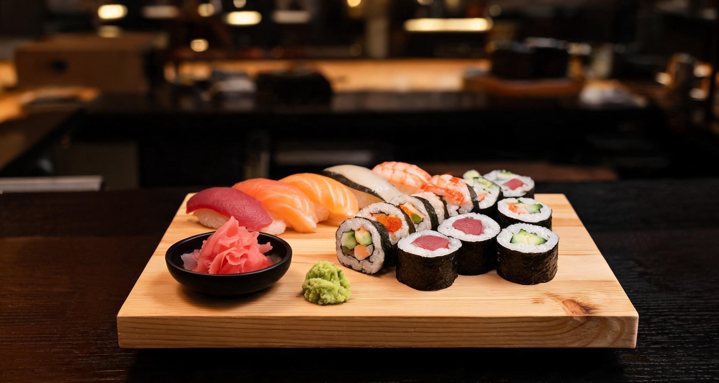 A set lunch of seven pieces of nigiri and a tuna roll at a Tokyo sushi bar